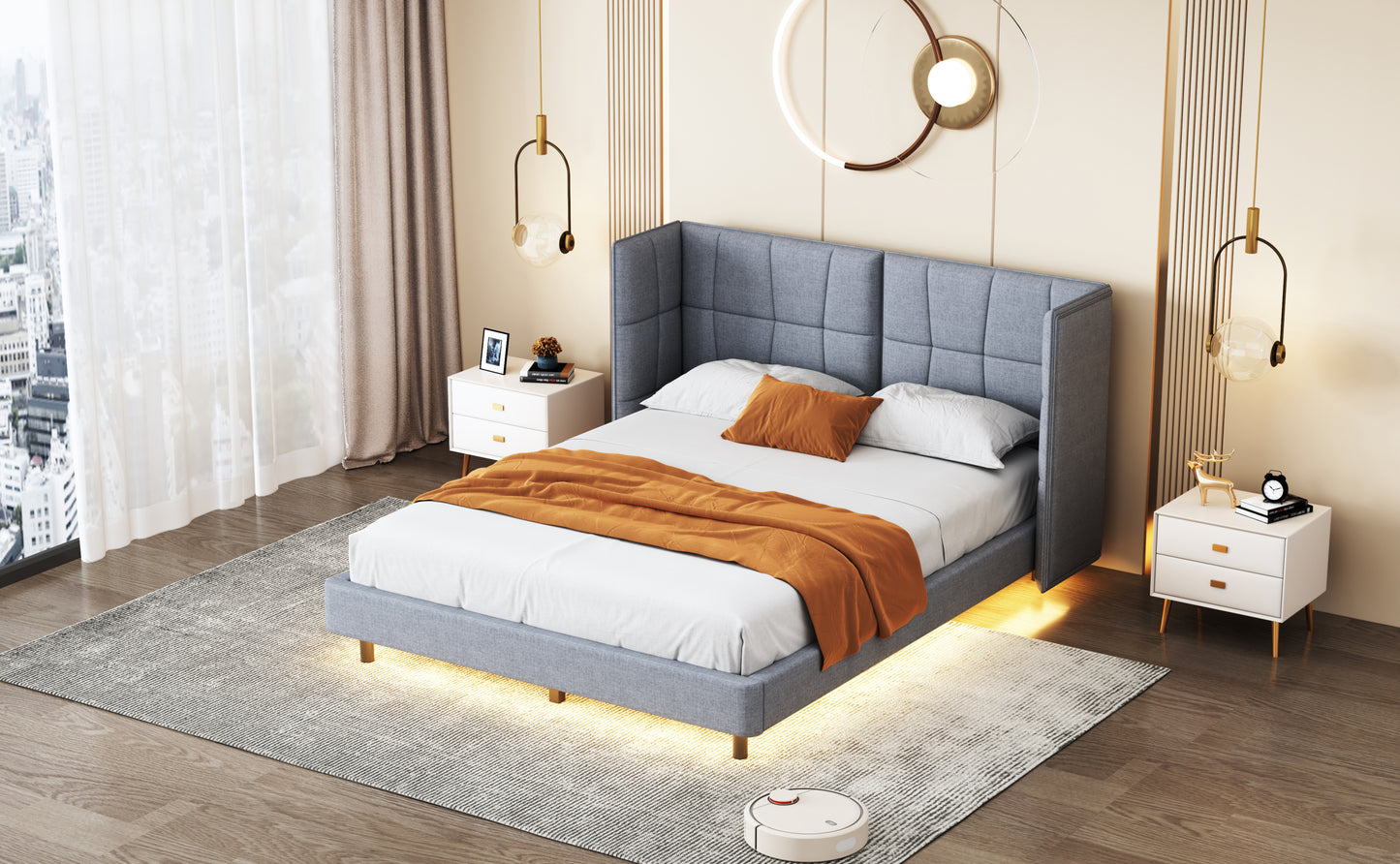 Queen Size Upholstered Platform Bed with LED Lights and U-Shaped Headboard, Linen Fabric, Gray