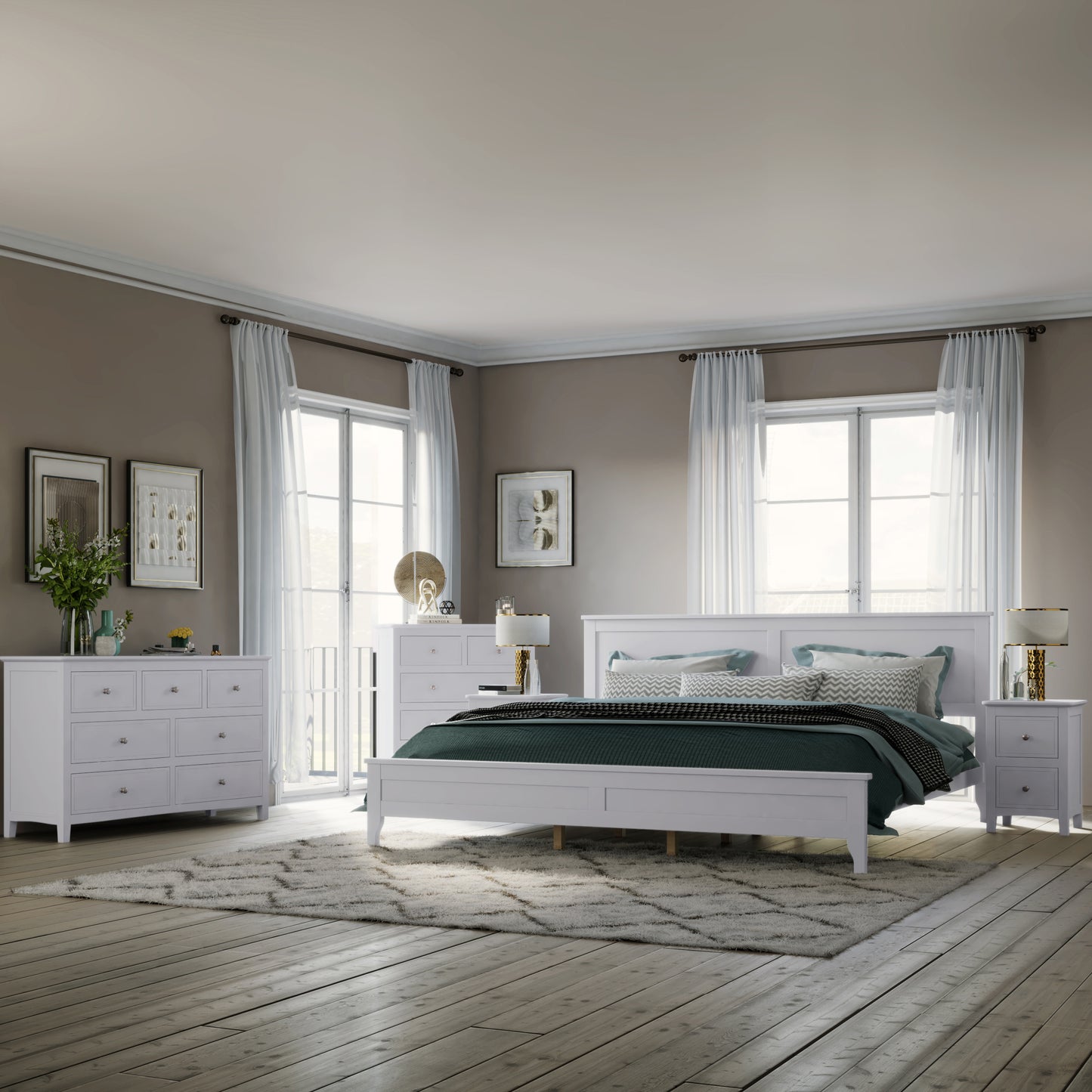 White Solid Wood 5 Pieces King Bedroom Sets(bed+nightstand*2+chest+dresser)
