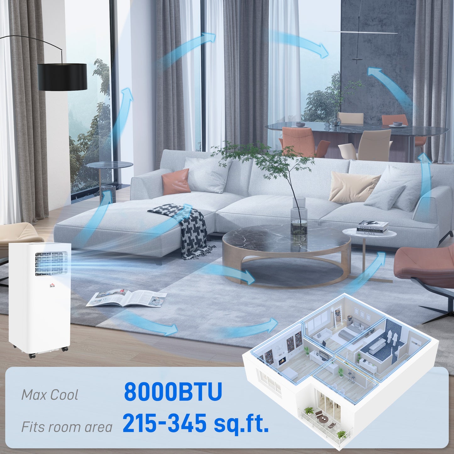 HOMCOM 8000 BTU Portable Air Conditioner for Rooms Up to 345 Sq. Ft., 3-in-1 AC Unit with Dehumidifier, Cooling Fan, Sleep, Remote, 24H Timer On/Off, Window Installation Kit, White