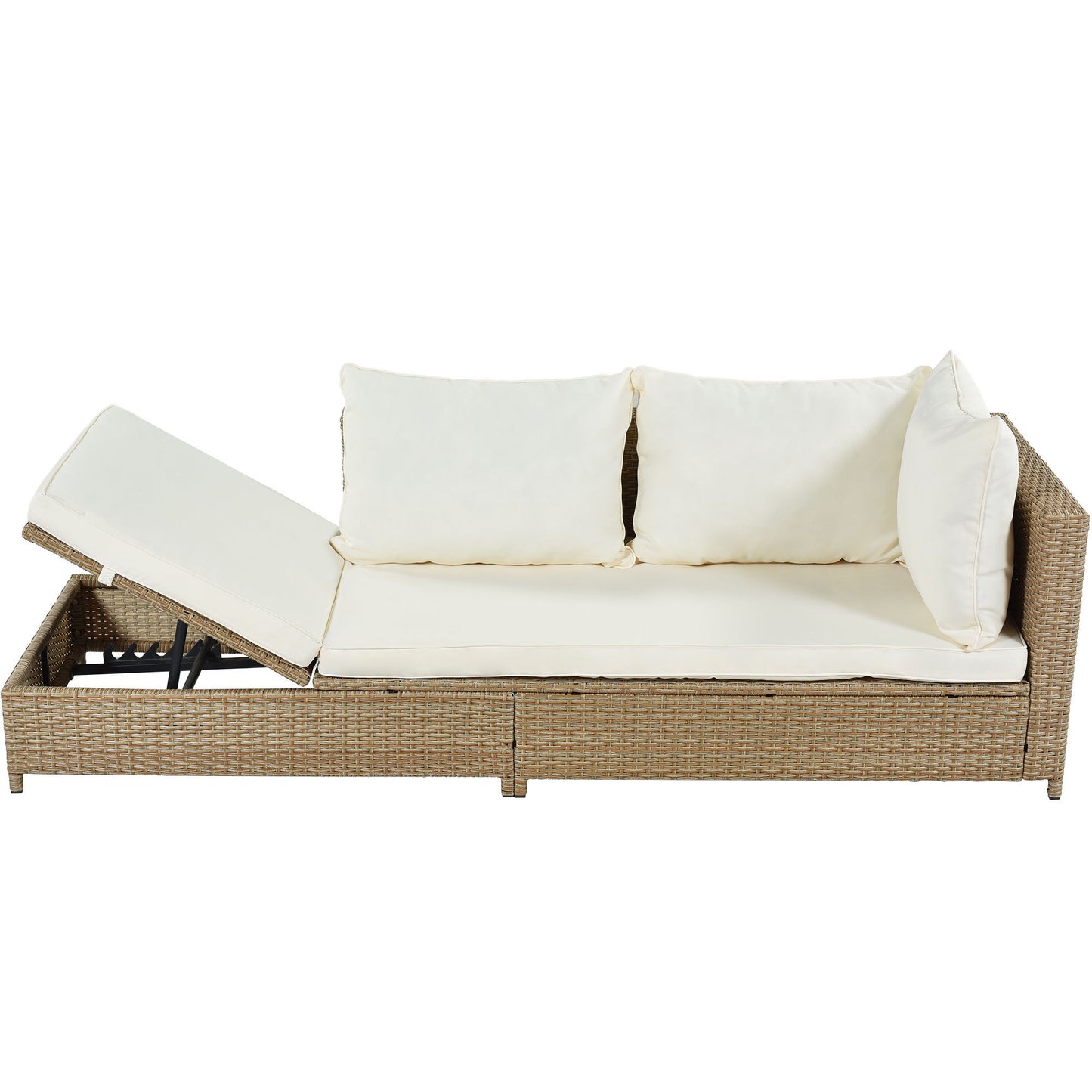 TOPMAX Patio 3-Piece Rattan Sofa Set All Weather PE Wicker Sectional Set with Adjustable Chaise Lounge Frame and Tempered Glass Table, Natural Brown