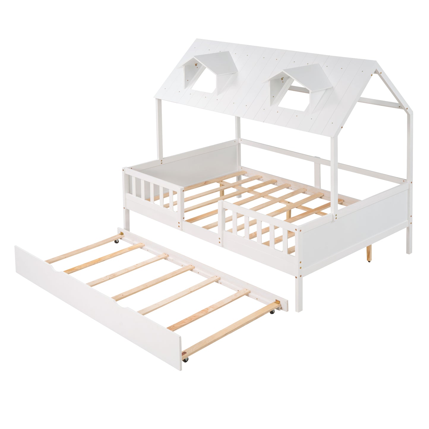 Full Size House Bed Wood Bed with Twin Size Trundle ( White )
