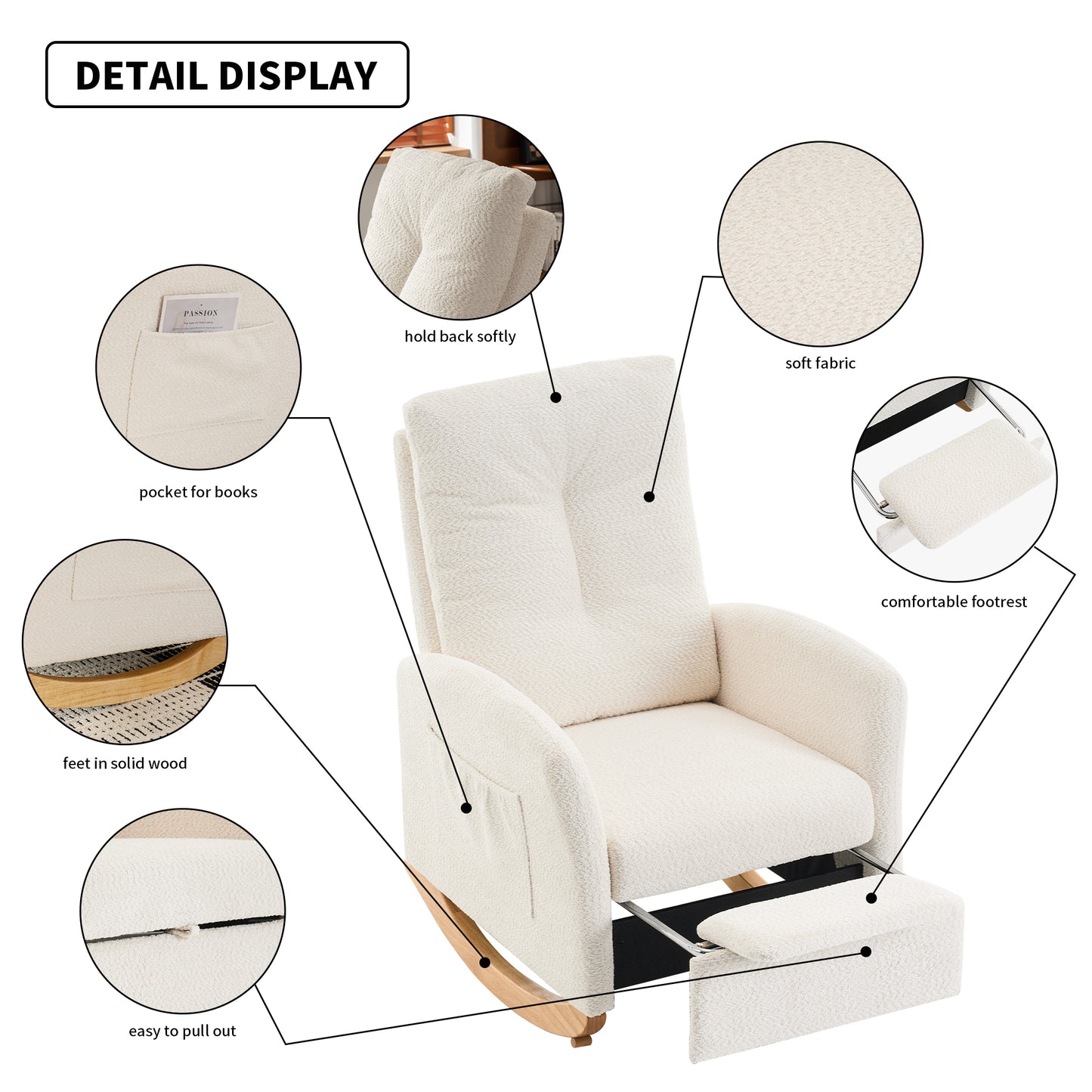 Accent Rocking Chair with Footrest High Back Rubber Wood Rocking Legs Bedroom Living Space