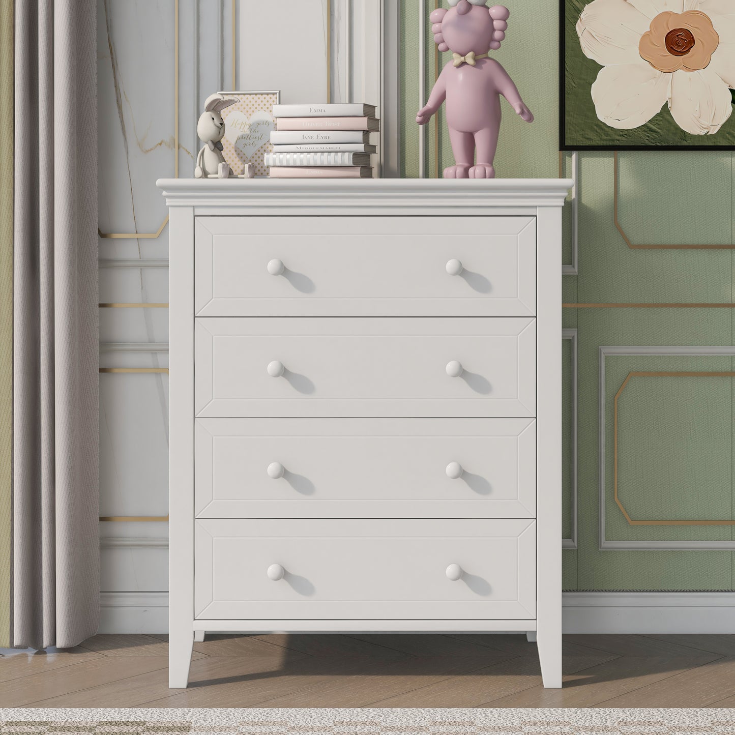 6 Pieces Traditional Concise Style White Bedroom Sets, Nightstand*2+ Chest+ Dresser+ Mirror+ Full Bed