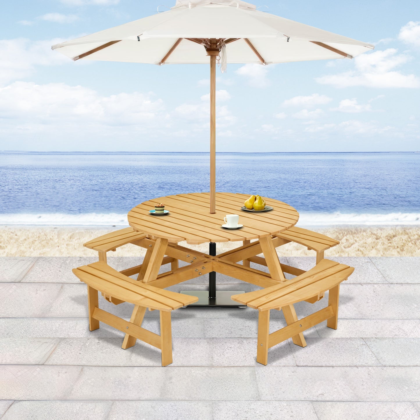Outdoor 8 Person Picnic Table, 8 person Round Picnic Table with 4 Built-in Benches, Umbrella Hole, Outside Table and Bench Set for Garden, Backyard, Porch, Patio, Natural