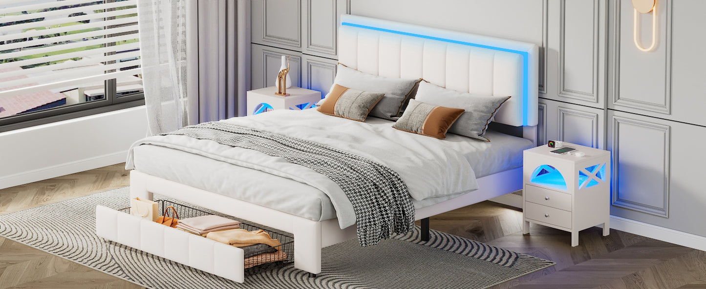3-Pieces Bedroom Sets,Queen Size Upholstered Bed with LED Lights and Motion Activated Night Lights,Two Nightstands with USB Charging Station and LED lights,White