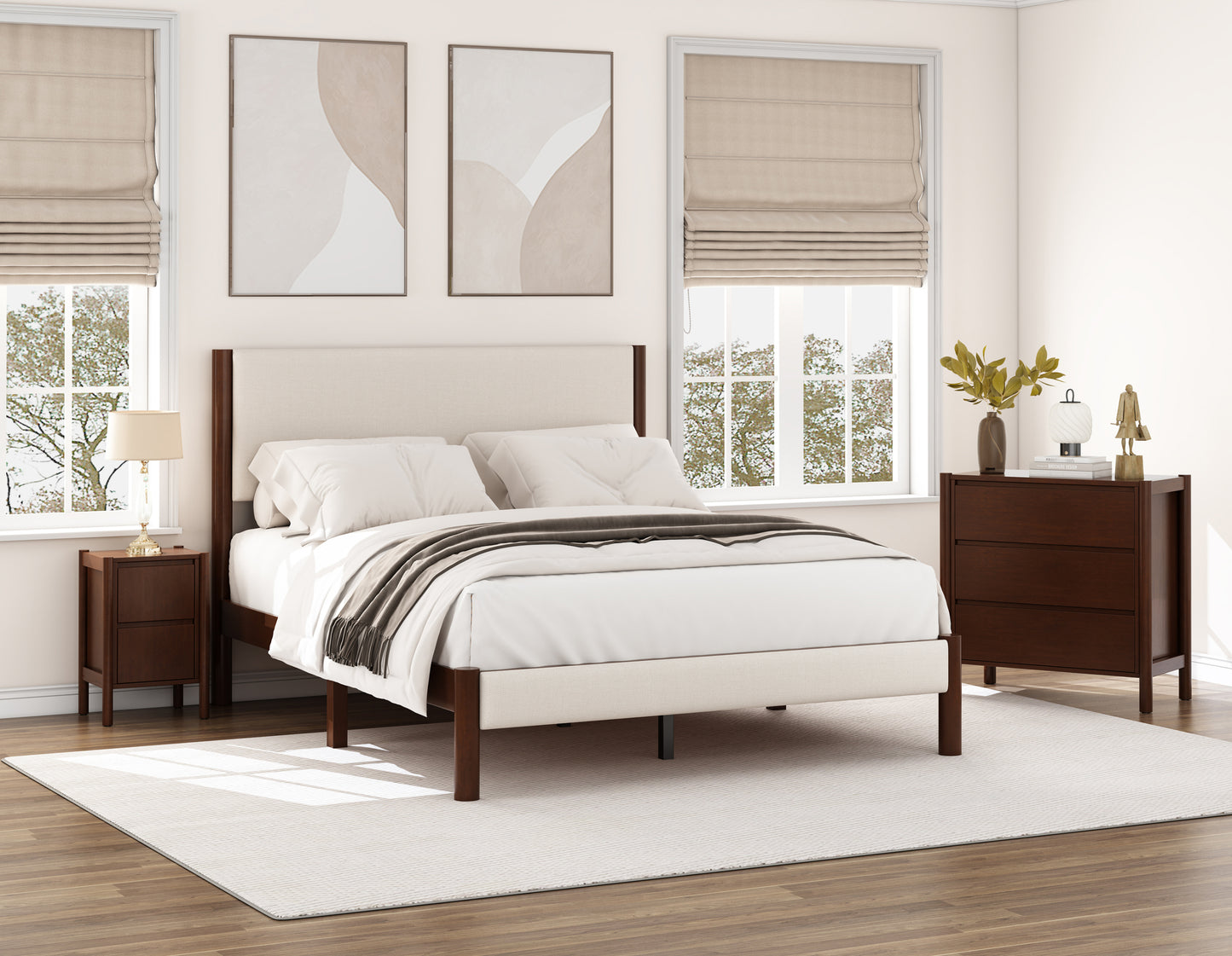 3 Pieces Bedroom Sets Mid Century Modern Upholestery Walnut Wood Frame Queen Platform Bed with Nightstand and Chest