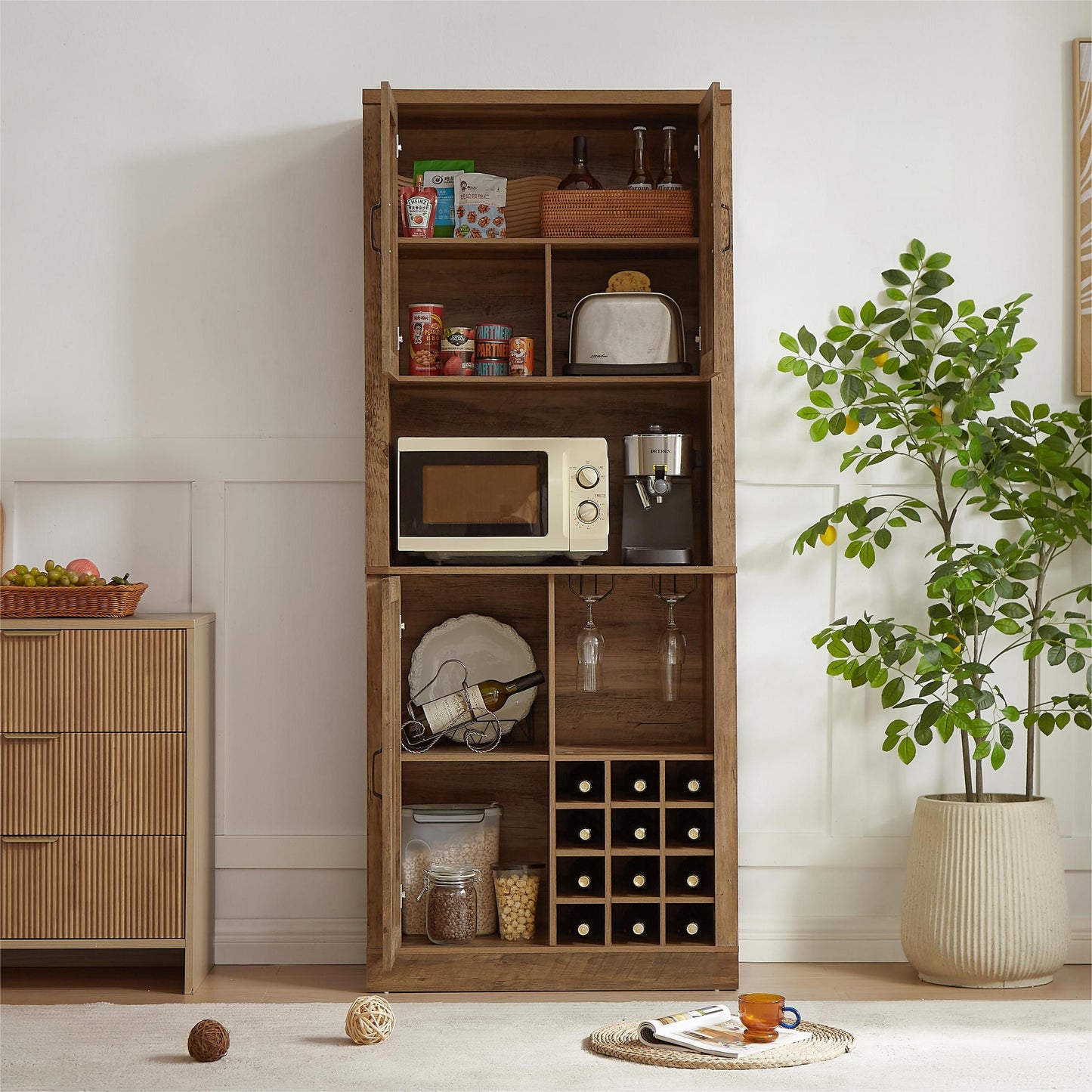 76-Inch Tall Rustic Oak Color Farmhouse Kitchen Faux Rattan Wine Cabinet, Kitchen Bar Cabinet with Square Compartments , Large Wooden Faux Rattan Storage Cabinet with Barn Doors and Microwave Shelves