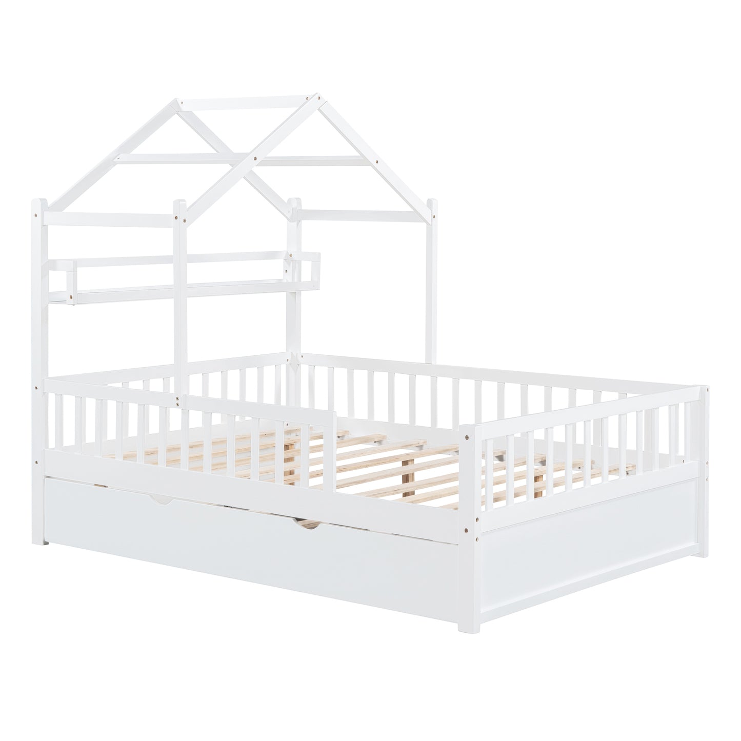 Wooden Full Size House Bed with Twin Size Trundle,Kids Bed with Shelf,White