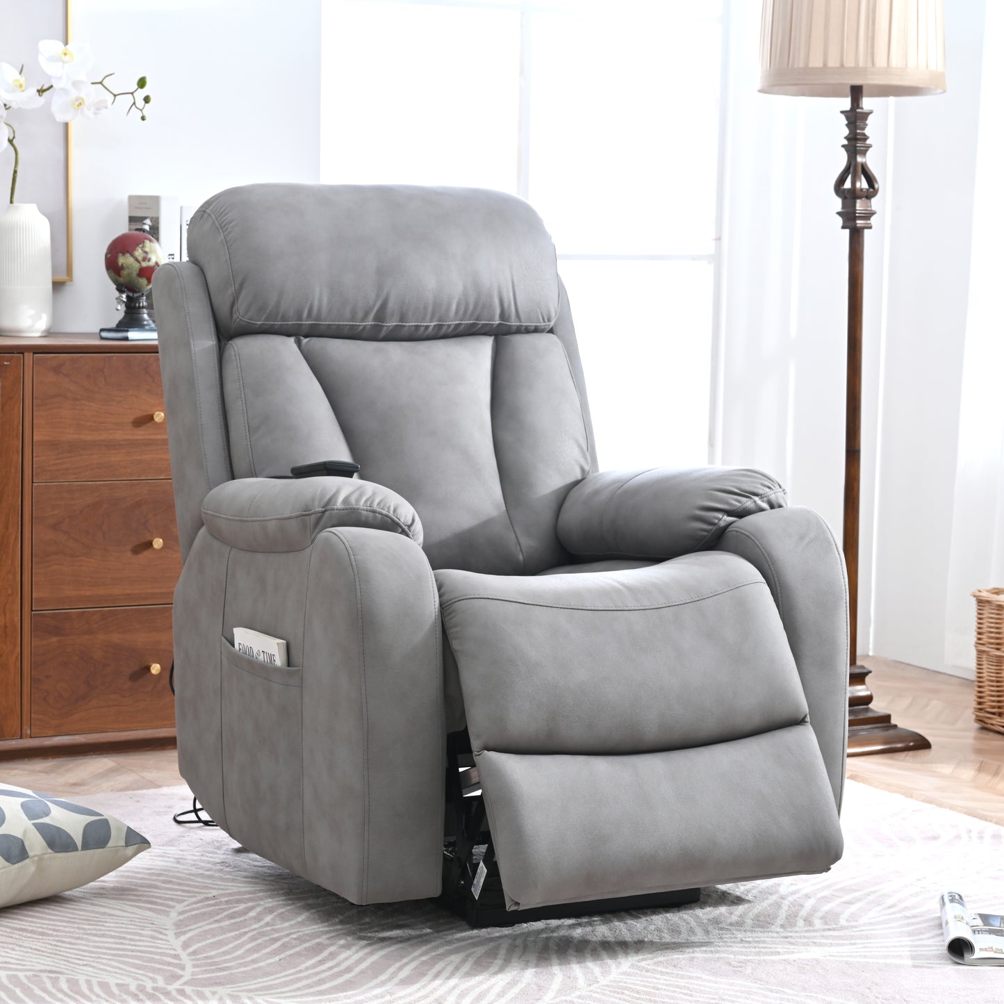 Electric Power Lift Recliner Chair for Elderly, Fabric Recliner Chair for Seniors, Home Theater Seating,Living Room Chair,Side Pocket, Remote Control (Light Gray)