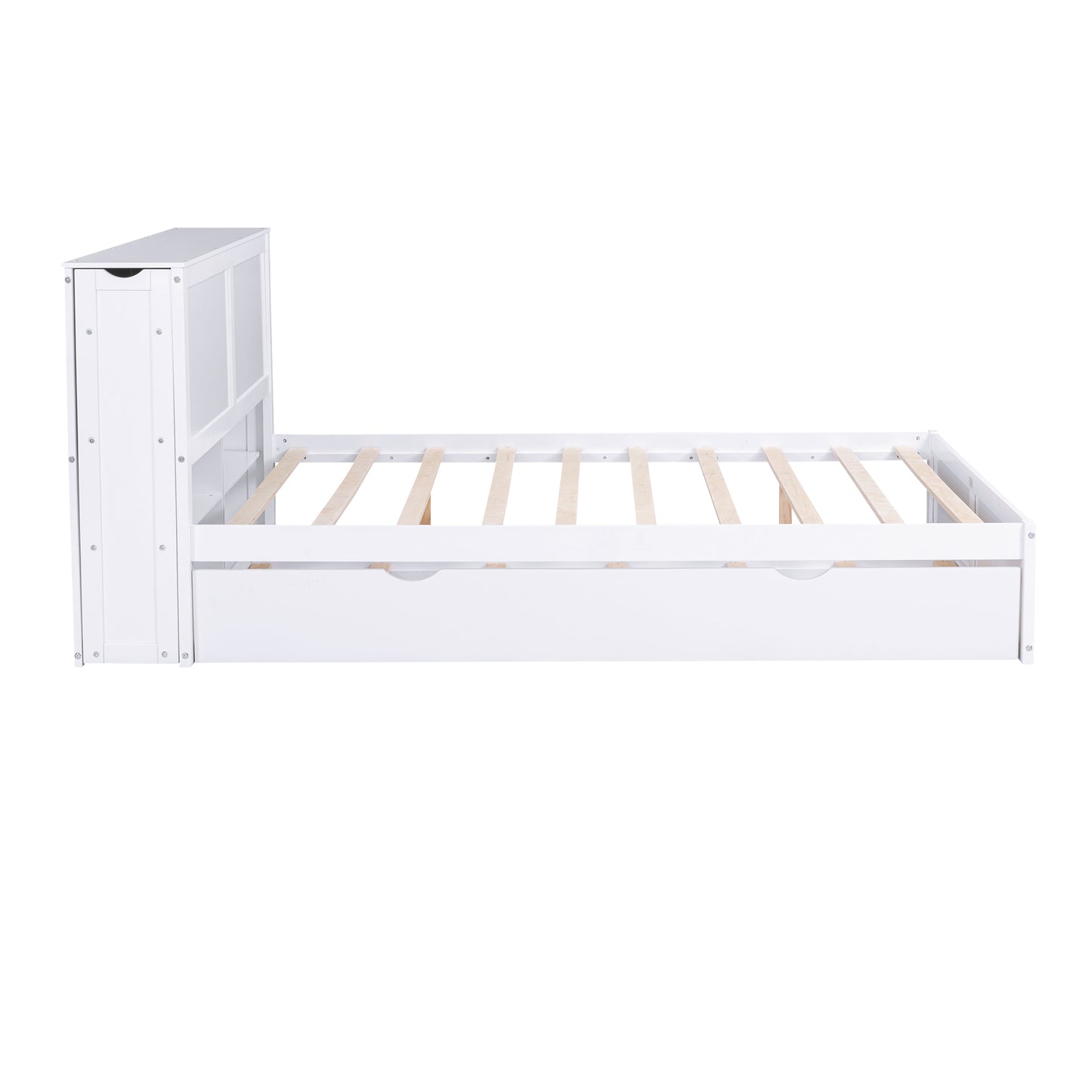 Queen Size Storage Platform Bed with Pull Out Shelves and Twin XL Size Trundle, White