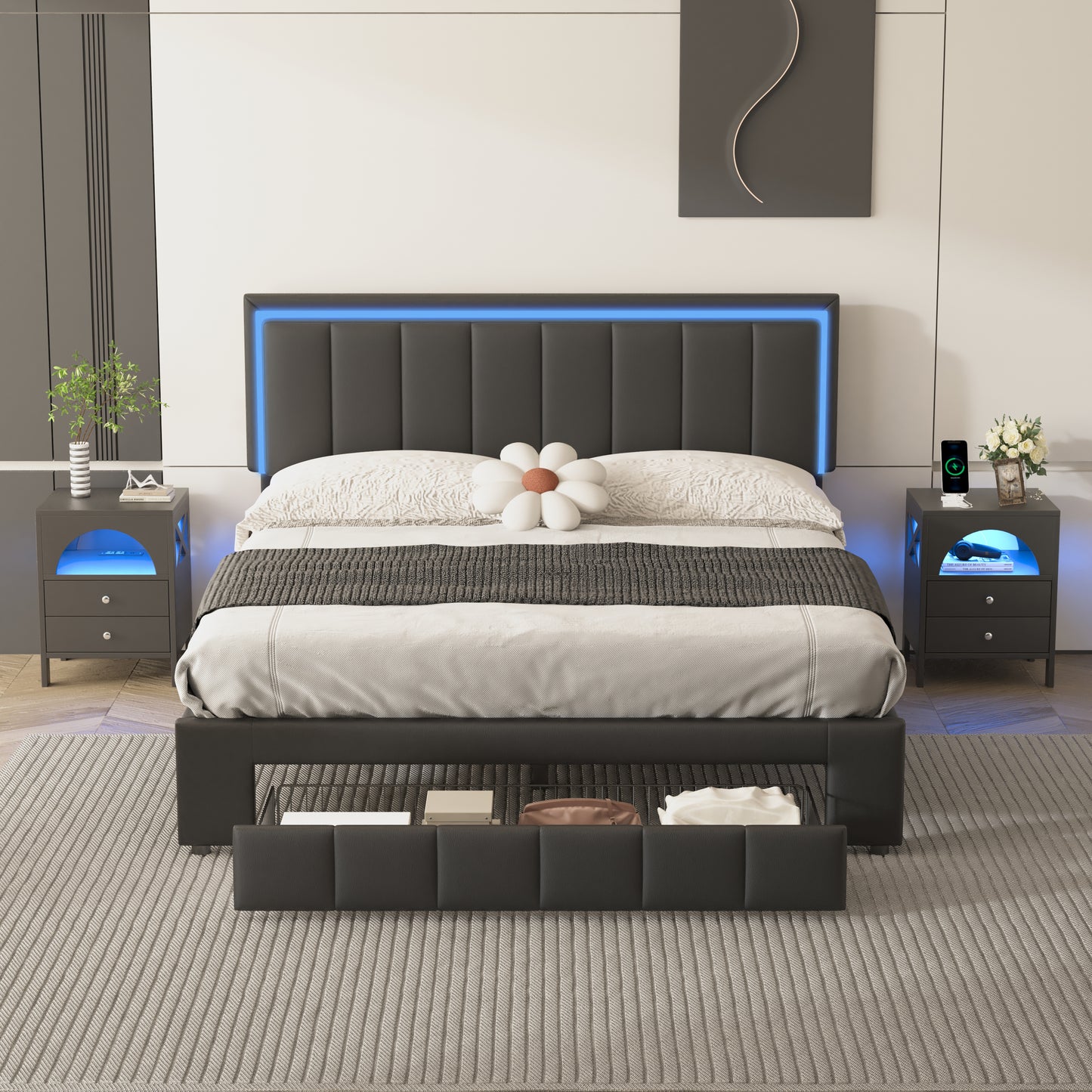 3-Pieces Bedroom Sets,Queen Size Upholstered Bed with LED Lights and Motion Activated Night Lights,Two Nightstands with USB Charging Station and LED lights,Black