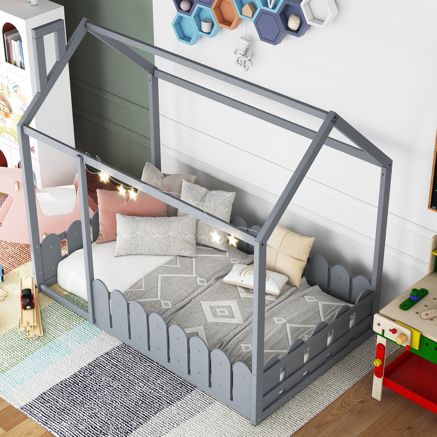 (Slats are not included) Twin Size Wood Bed House Bed Frame with Fence, for Kids, Teens, Girls, Boys (Gray )(OLD SKU :WF194274AAE)