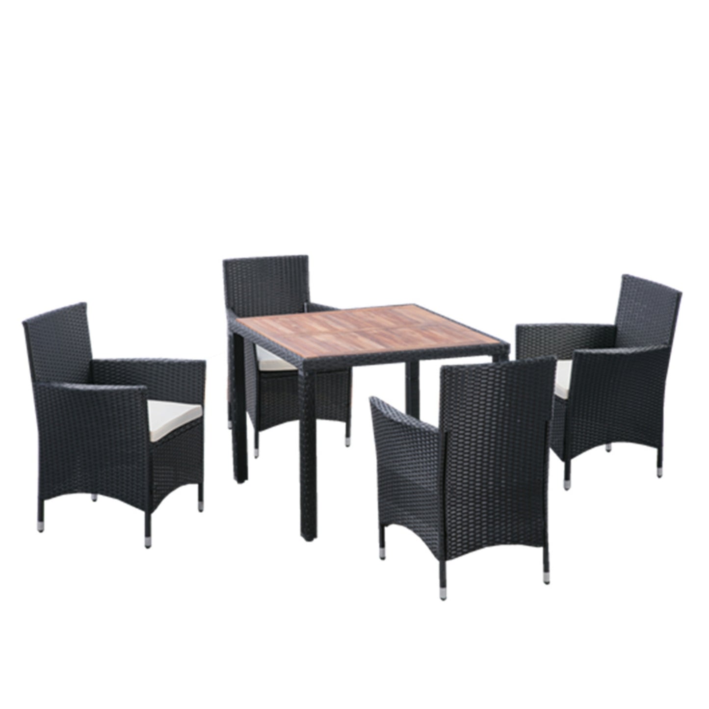 EELIFEE 5 piece Outdoor Patio Wicker Dining Set Patio Wicker Furniture Dining Set w/Acacia Wood Top Black Wicker + Creme Cushion
