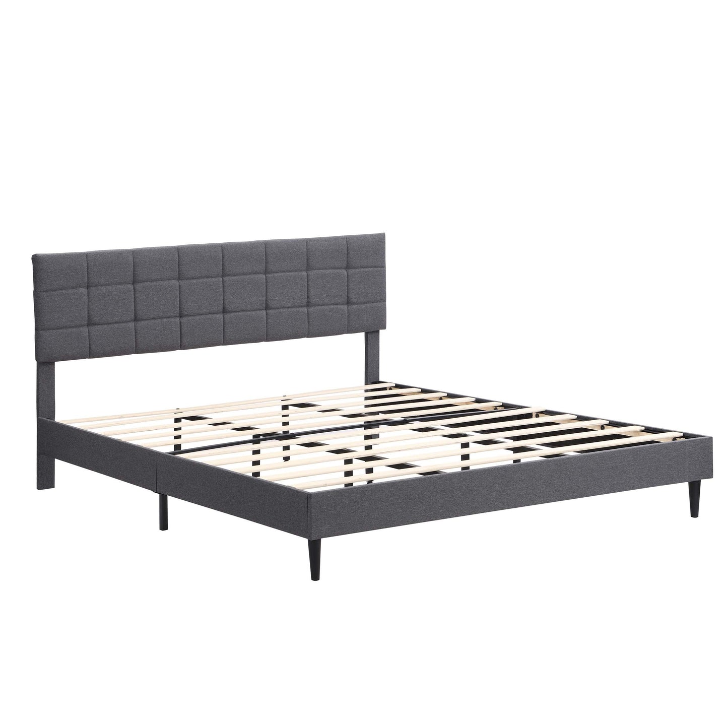 King Size Platform Bed Frame with Fabric Upholstered Headboard and Wooden Slats, No Box Spring Needed/Easy Assembly, Dark Grey