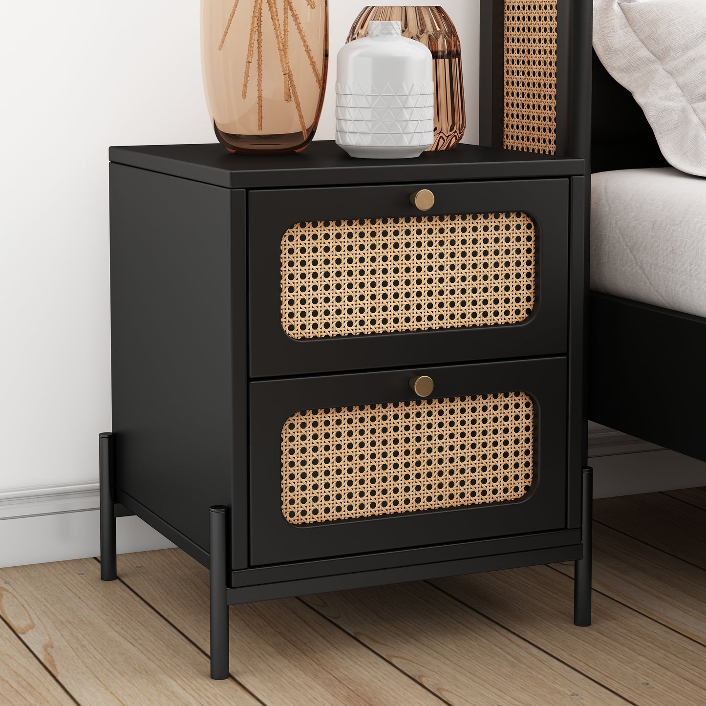 4 Pieces Modern Cannage Rattan Platform Queen Bed + Nightstand*2+ Dresser, Black