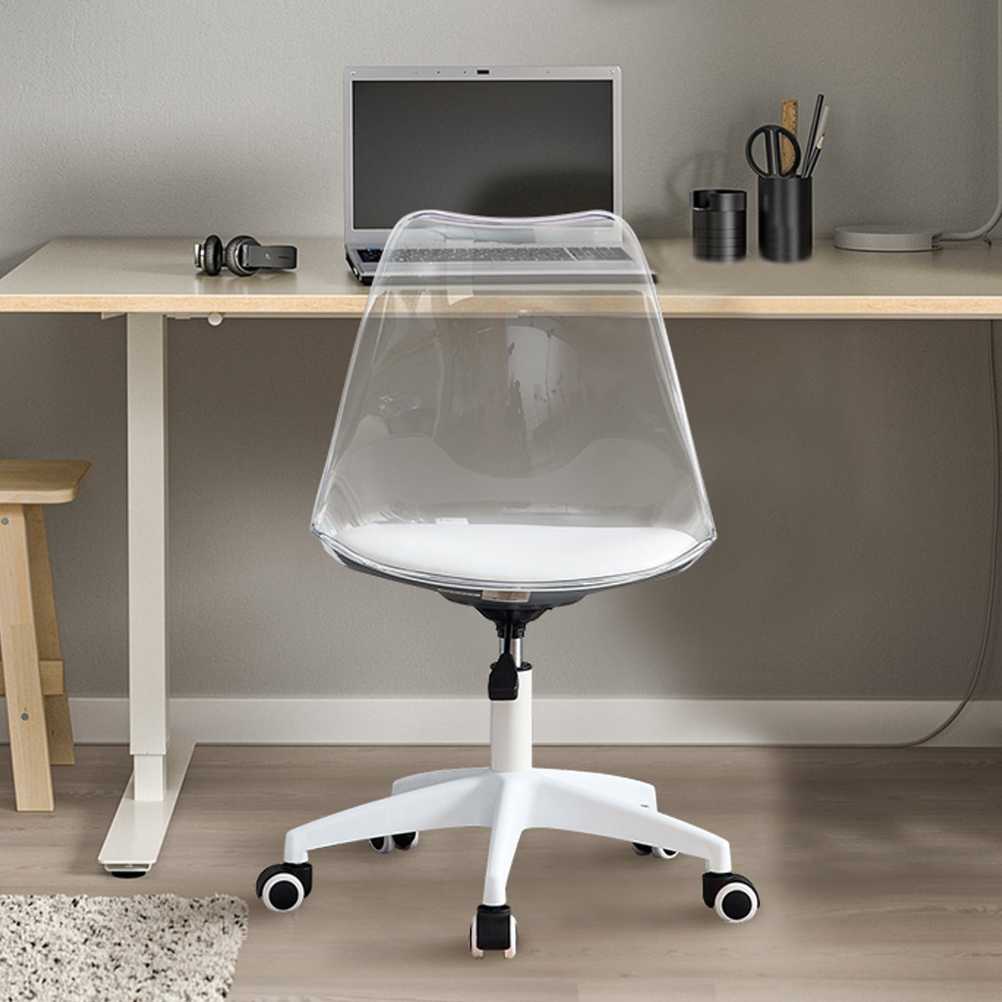Modern Home Office Desk Chairs, Adjustable 360 °Swivel Chair Engineering Plastic Armless Swivel Computer Chair With Wheels for Living Room, Bed Room Office Hotel Dining Room and Transparent Color