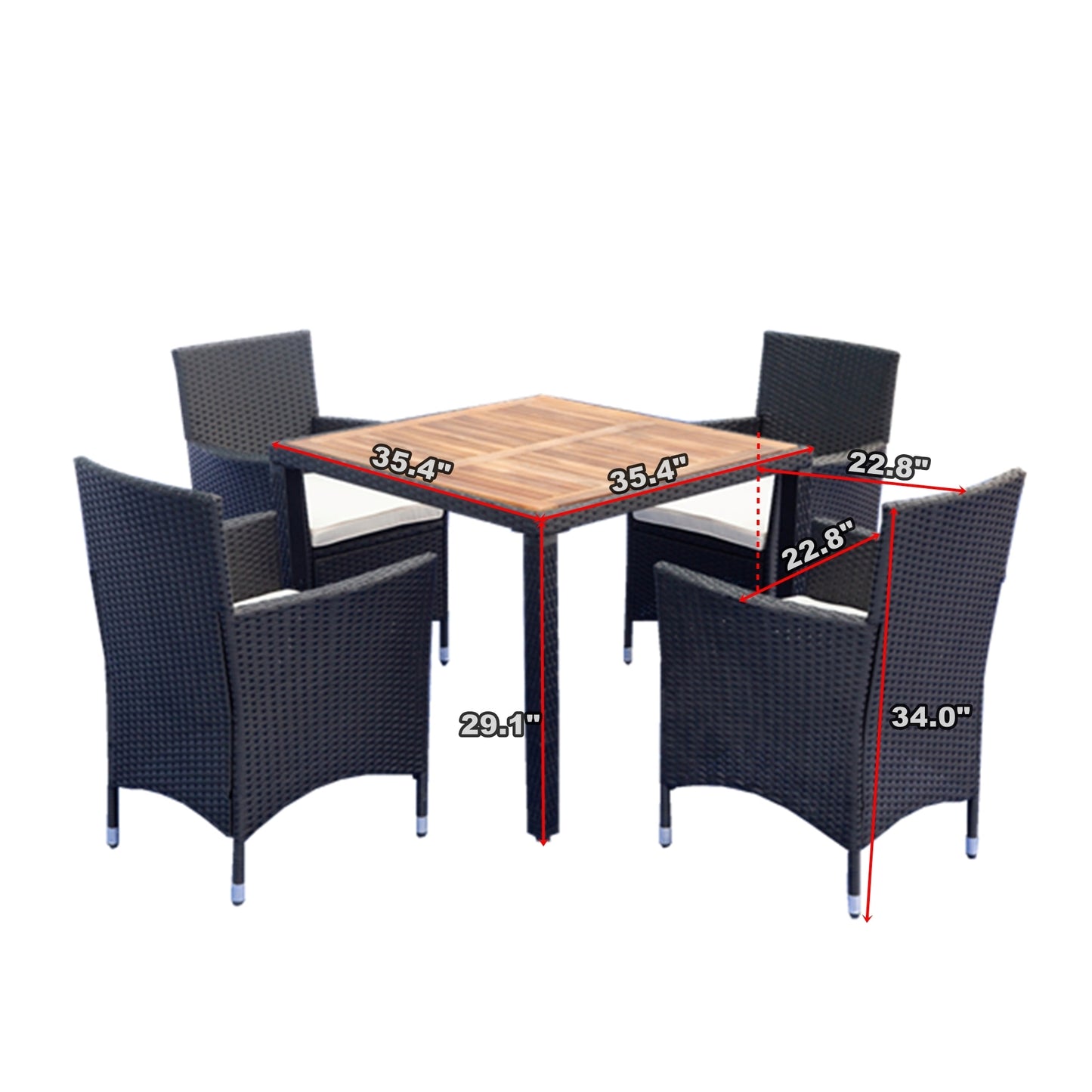 EELIFEE 5 piece Outdoor Patio Wicker Dining Set Patio Wicker Furniture Dining Set w/Acacia Wood Top Black Wicker + Creme Cushion