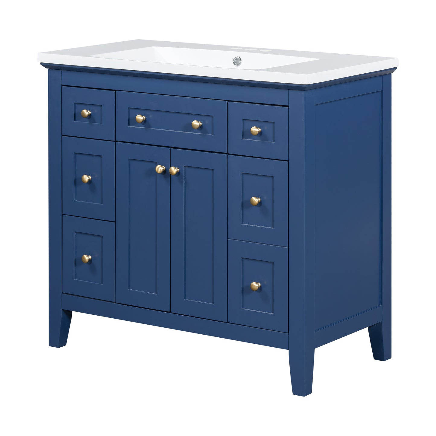 36'' Bathroon Vanity with Resin Sink Combo Set, Modern Freestanding Single Bathroom Cabinet with 6 Drawers & 2 Cabinets, Storage Cabinet for Bathroom, Solid Wood Frame Vanity Set, Blue