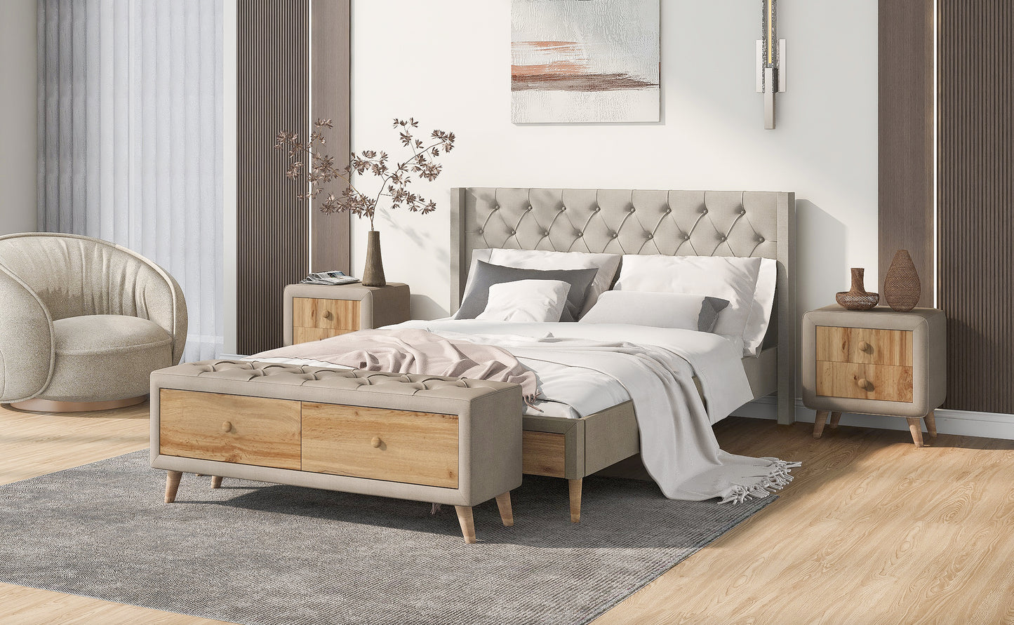 4-Pieces Bedroom Sets Queen Size Upholstered Platform Bed with Two Nightstands and Storage Bench-Beige