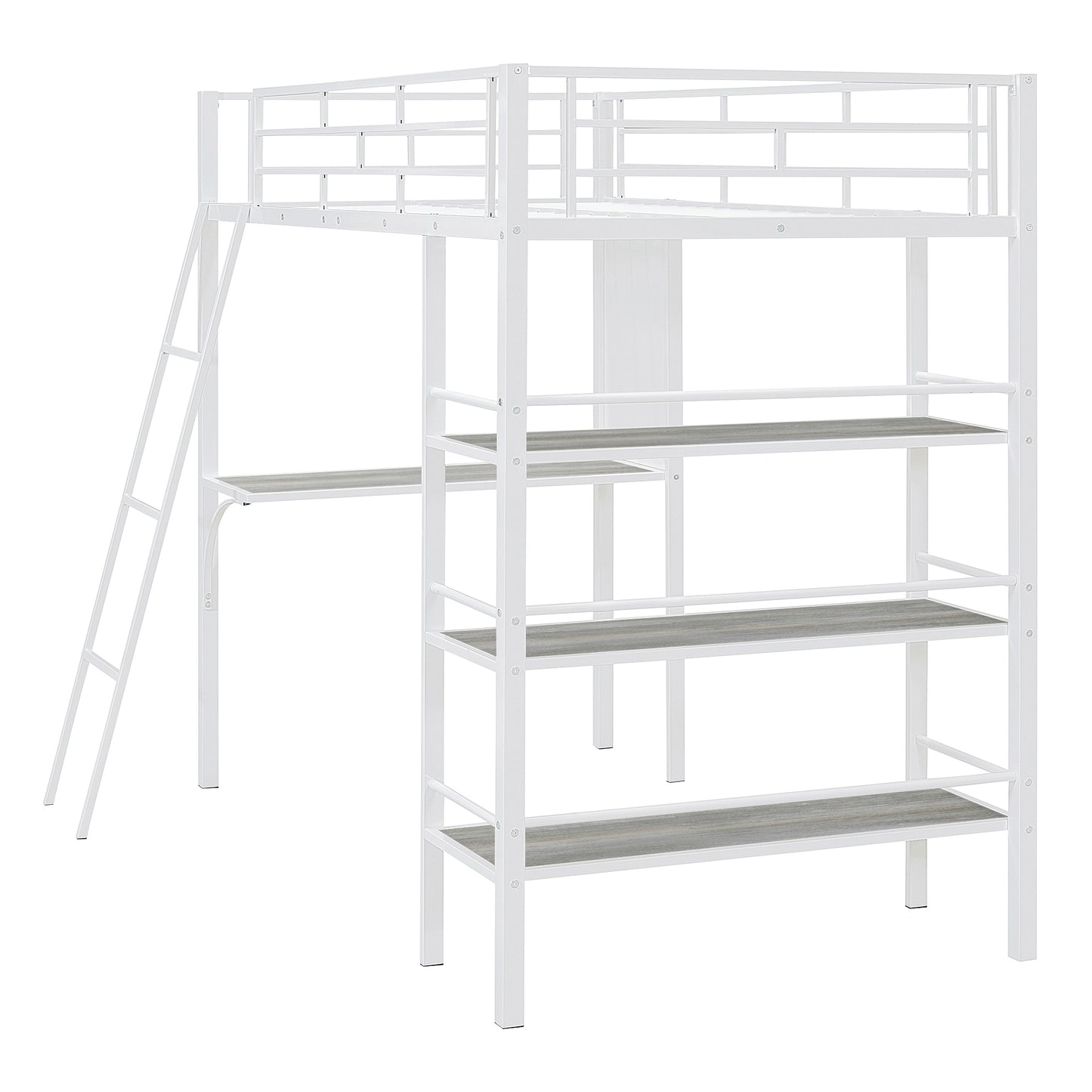 Twin Size Loft Metal Bed with 3 Layers of Shelves and Desk, Stylish Metal Frame Bed with Whiteboard, White