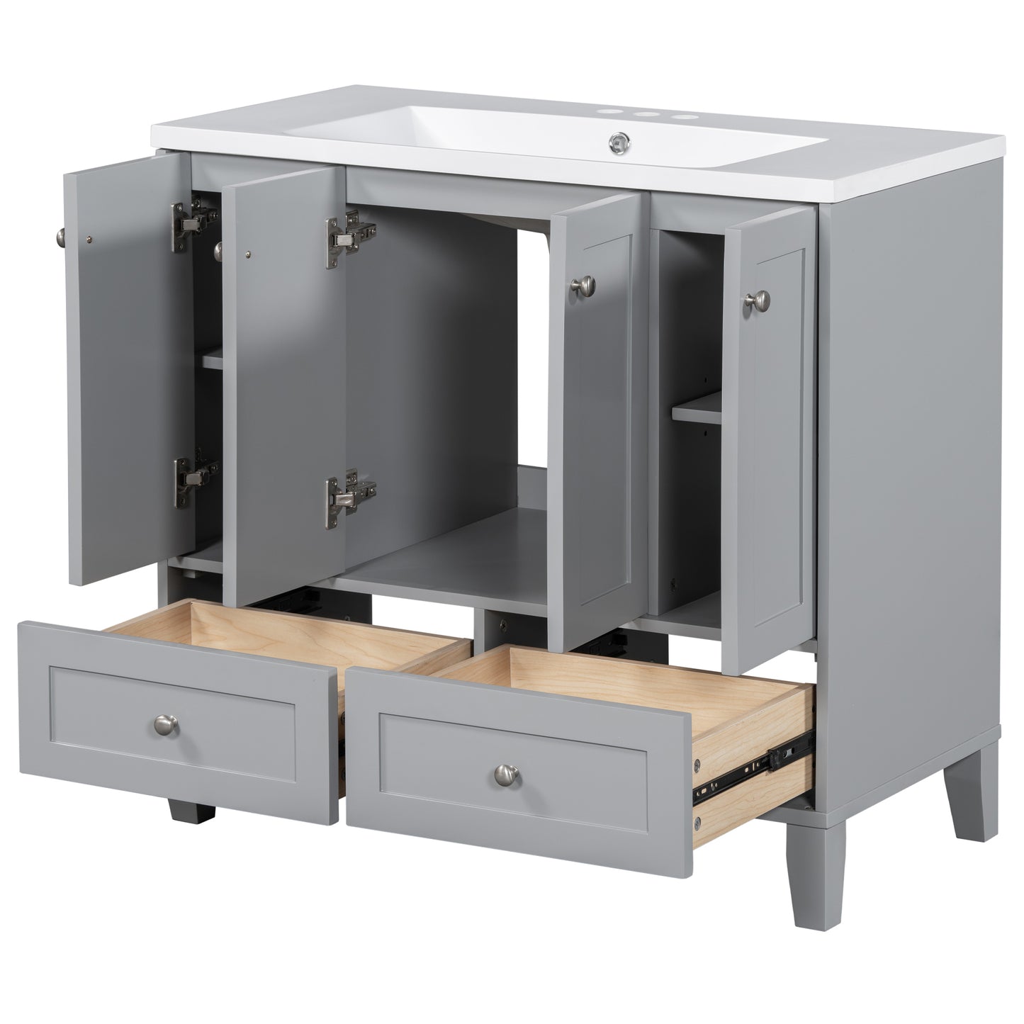 36'' Bathroom Vanity with Resin Sink Combo,Solid Wood Frame Bathroom Storage Cabinet, Freestanding Vanity Set with 4 Soft Closing Doors& 2 Drawers