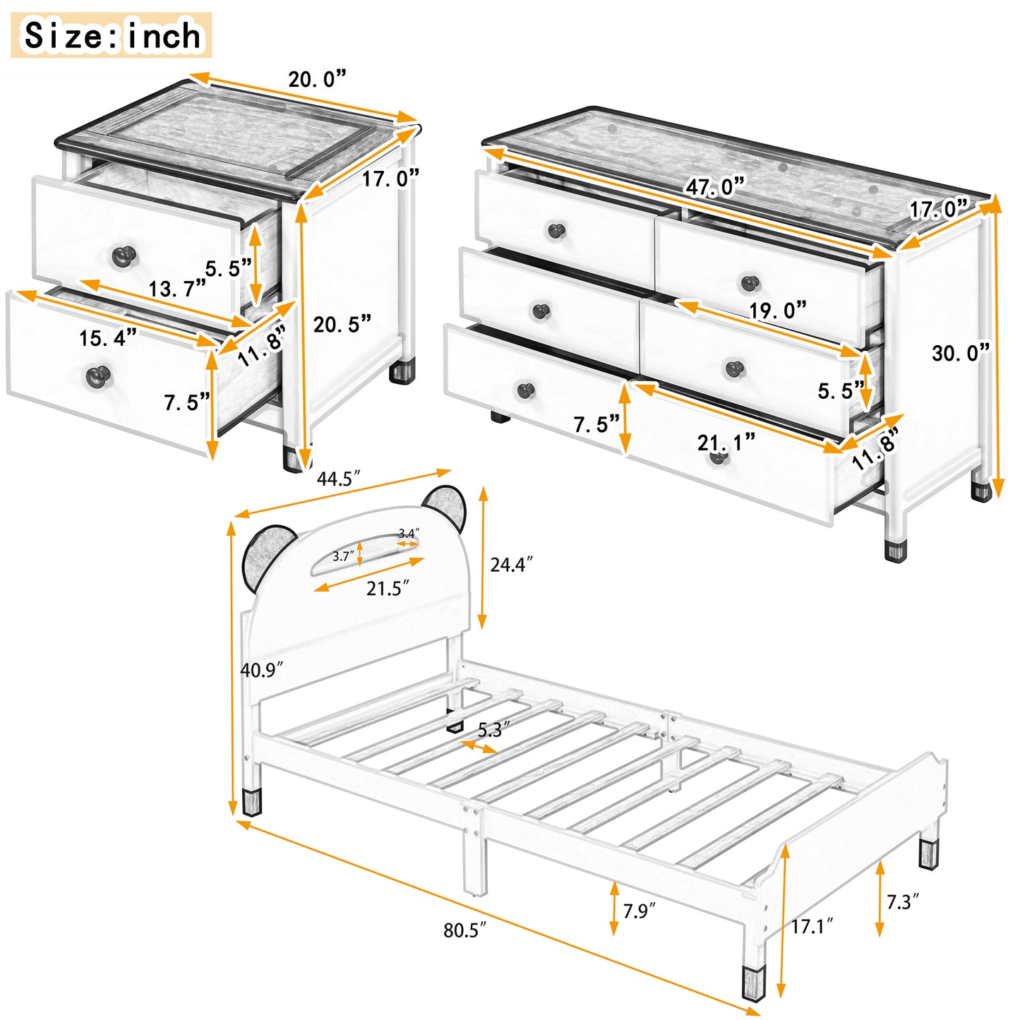 3-Pieces Bedroom Sets Twin Size Bear-Shape Platform Bed with Nightstand and Storage dresser,White+Gray
