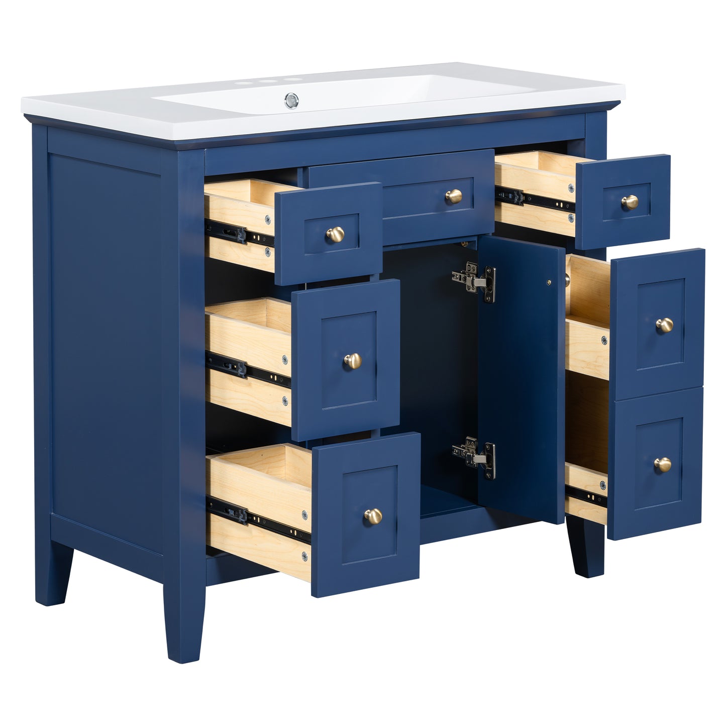 36'' Bathroon Vanity with Resin Sink Combo Set, Modern Freestanding Single Bathroom Cabinet with 6 Drawers & 2 Cabinets, Storage Cabinet for Bathroom, Solid Wood Frame Vanity Set, Blue
