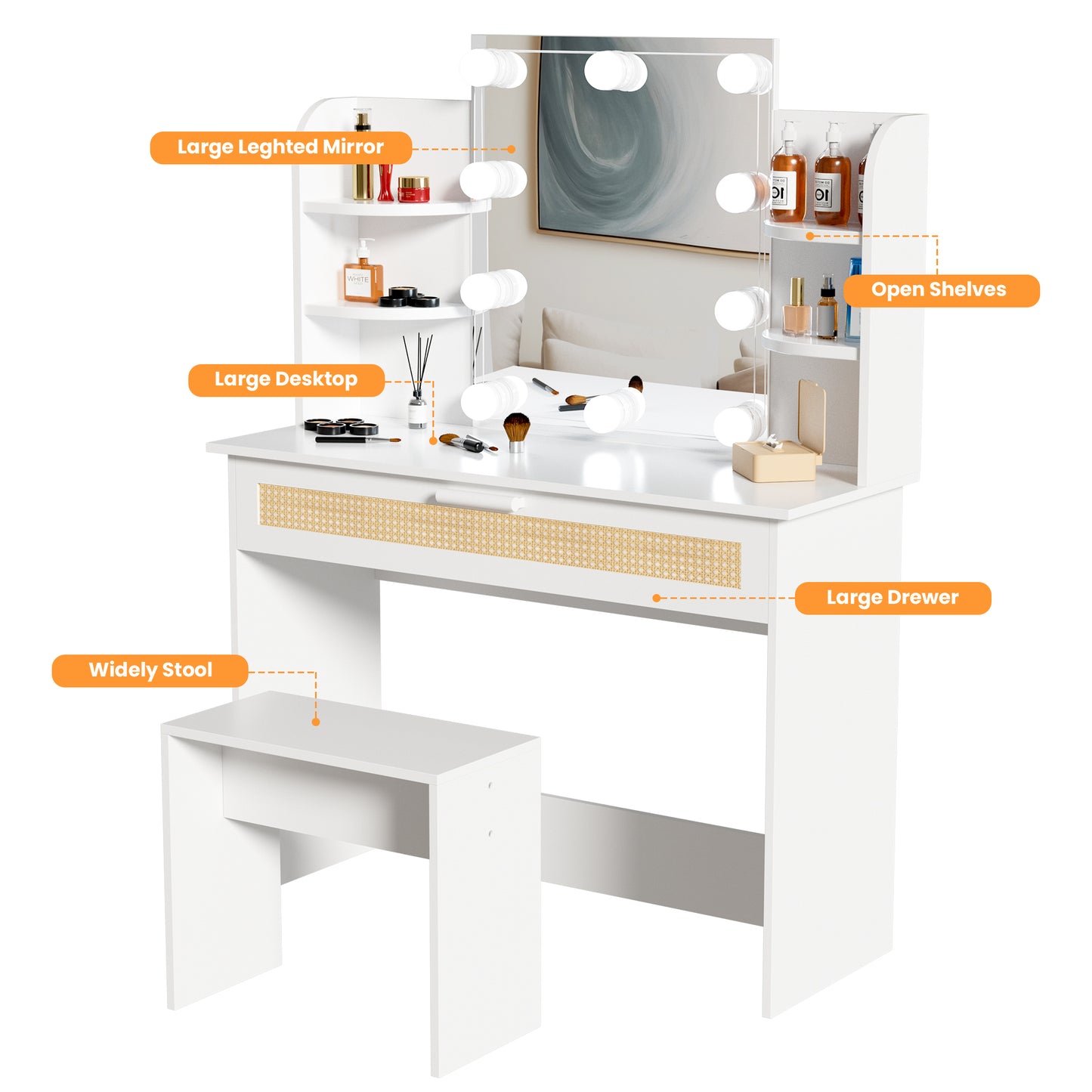 Vanity Desk Set Stool & Dressing Table with LED Lighting Mirror Drawer and Compartments Modern Wood Cosmetic Table Chest of Drawers White Color