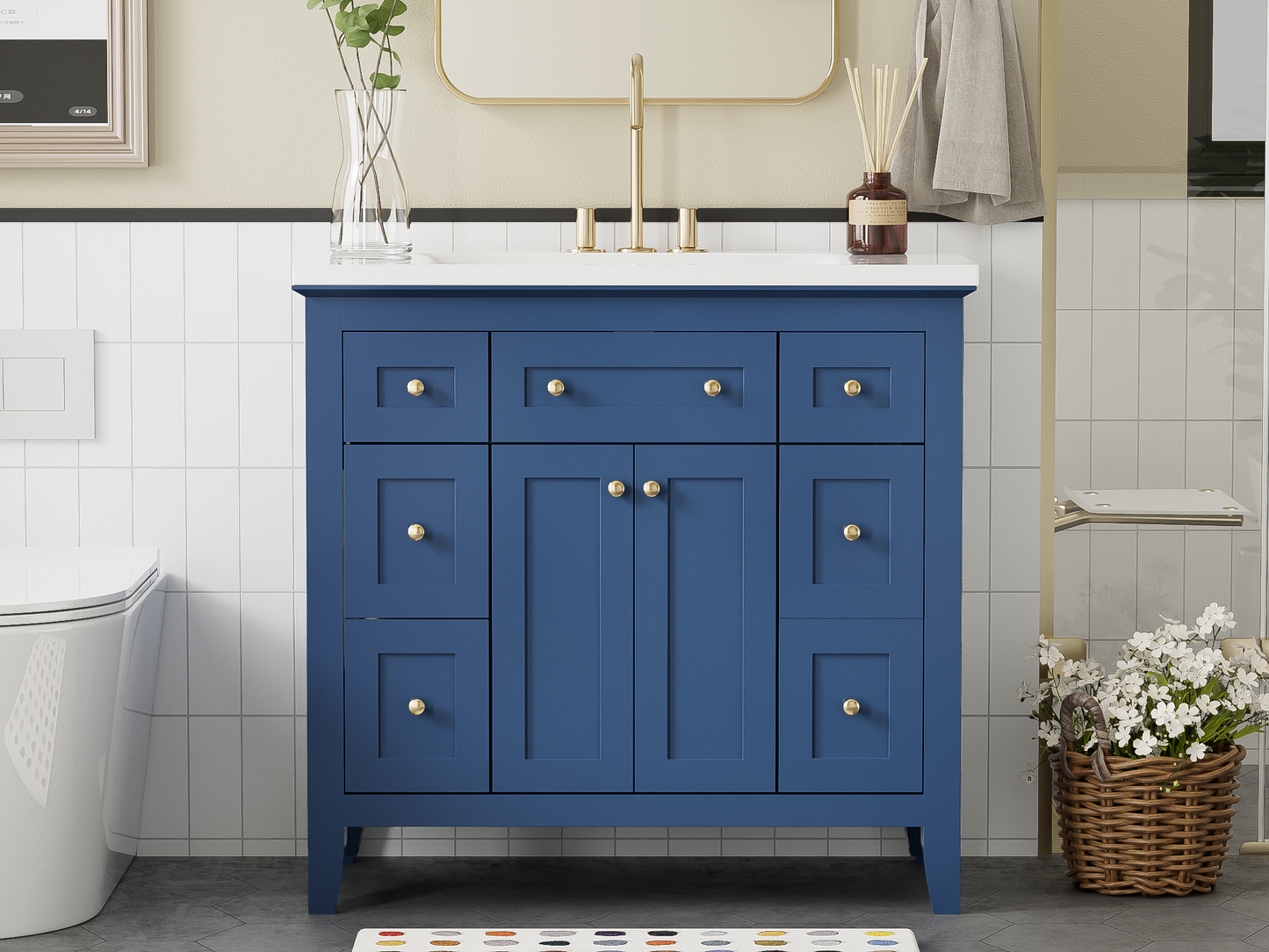 36'' Bathroon Vanity with Resin Sink Combo Set, Modern Freestanding Single Bathroom Cabinet with 6 Drawers & 2 Cabinets, Storage Cabinet for Bathroom, Solid Wood Frame Vanity Set, Blue
