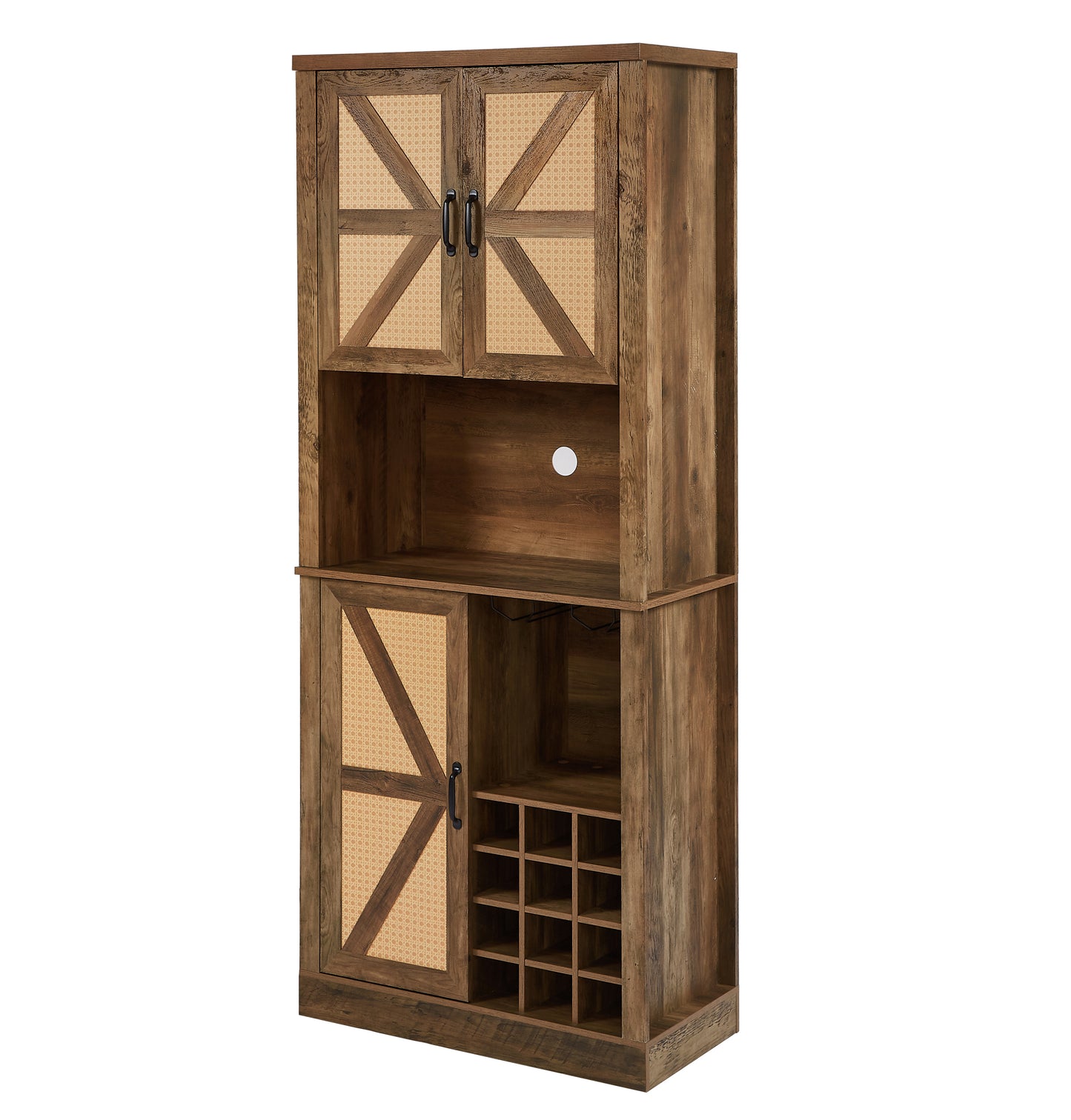 76-Inch Tall Rustic Oak Color Farmhouse Kitchen Faux Rattan Wine Cabinet, Kitchen Bar Cabinet with Square Compartments , Large Wooden Faux Rattan Storage Cabinet with Barn Doors and Microwave Shelves