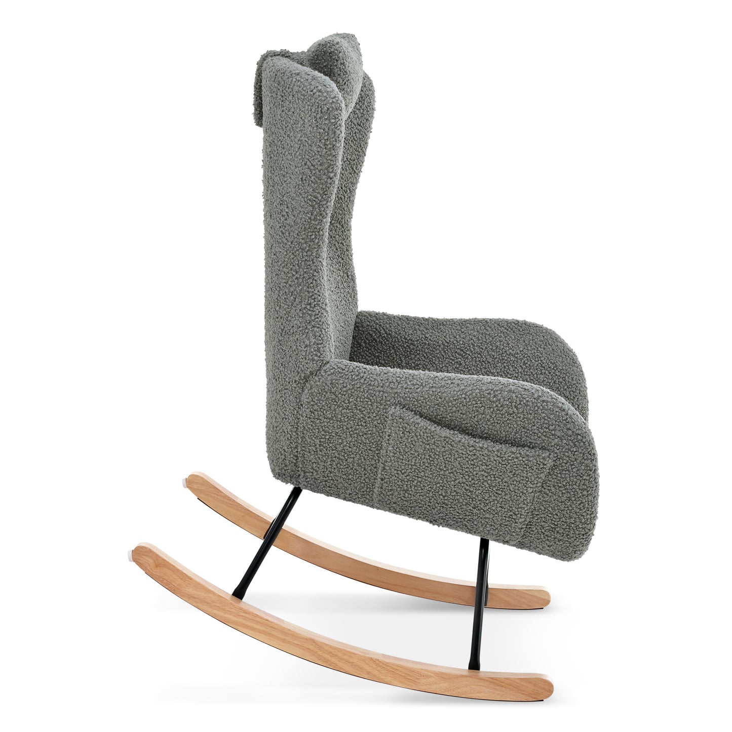 Rocking Chair Nursery, Teddy Upholstered Rocker Glider Chair with High Backrest, Adjustable Headrest & Pocket, Comfy Glider Chair for Nursery, Bedroom, Living Room, Offices, Rubber wood, gray