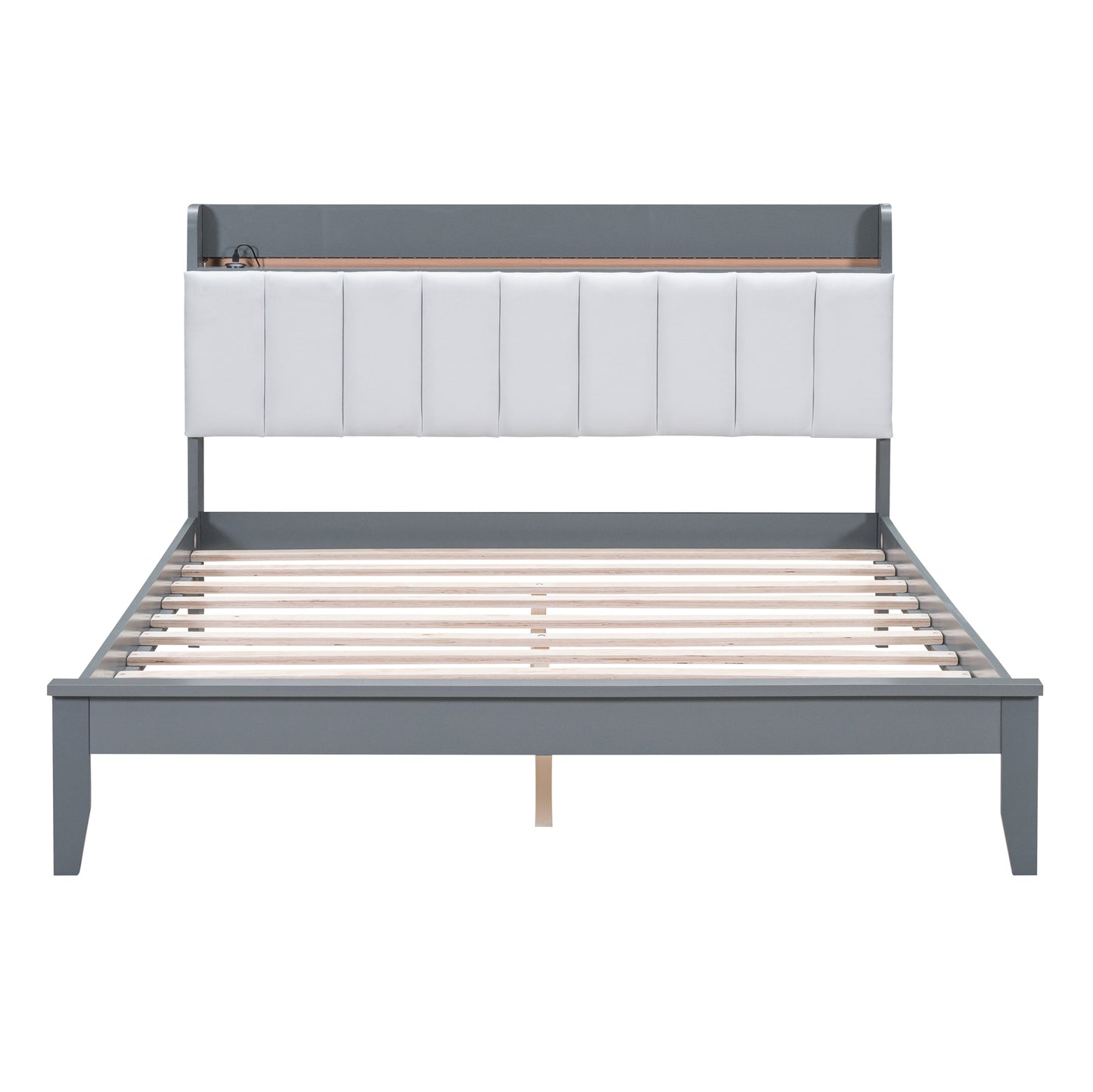 3-Pieces Bedroom Sets,Queen Size Wood Platform Bed and Two Nightstands,Storage Platform bed with USB and LED Lights-Gray+White