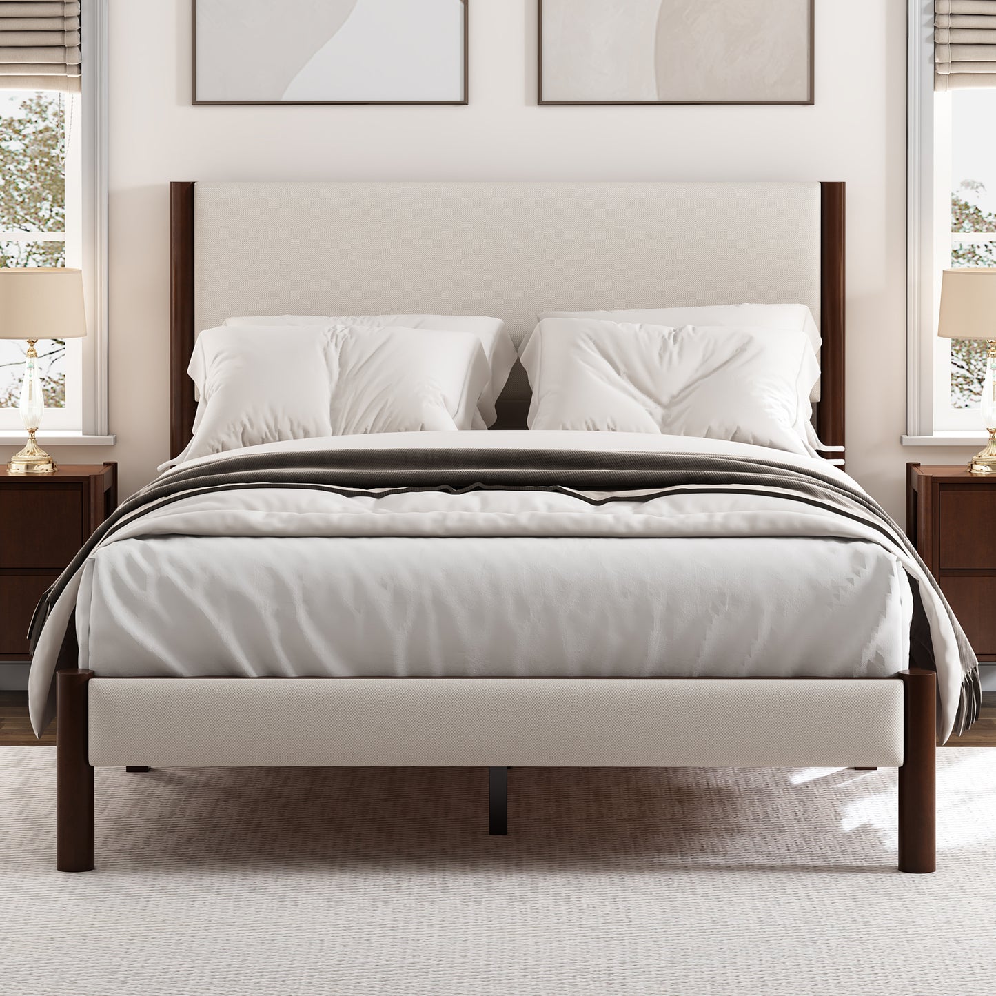 4 Pieces Bedroom Sets Mid Century Modern Upholestery Walnut Wood Frame Queen Platform Bed with Two Nightstands and Dresser