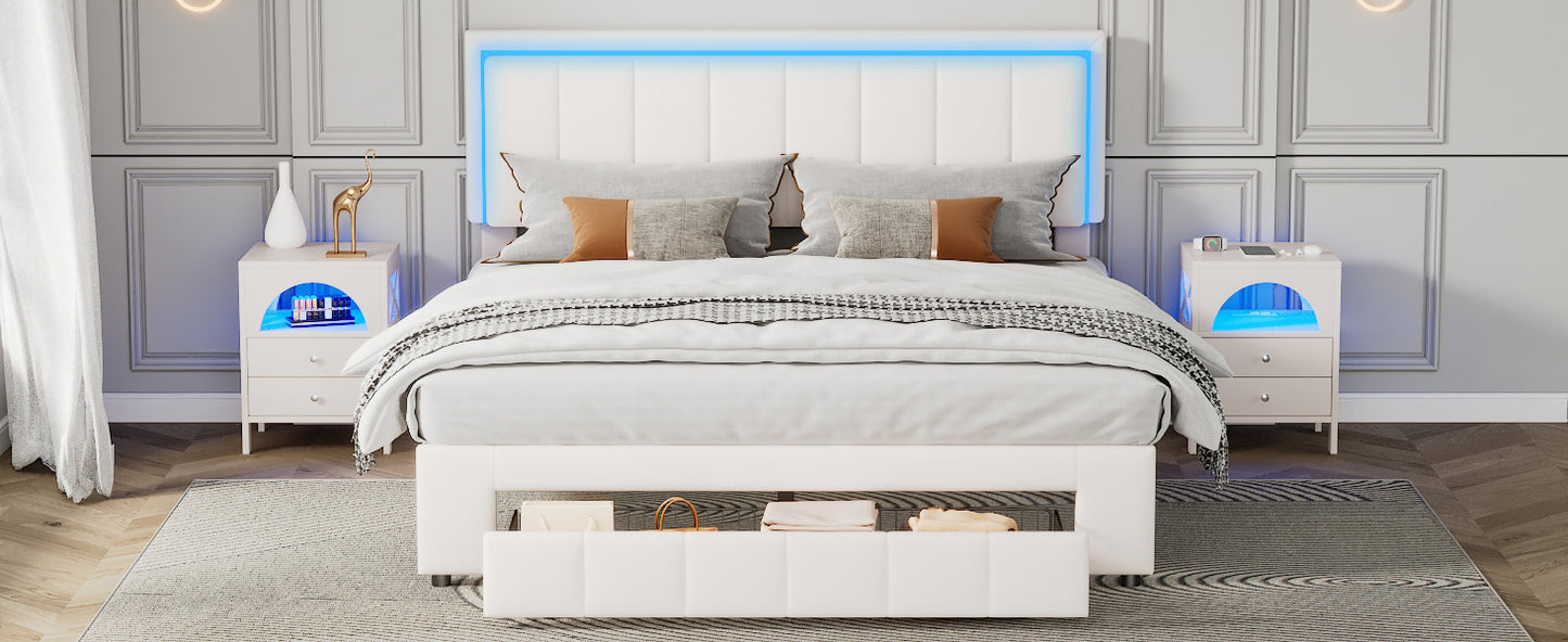 3-Pieces Bedroom Sets,Queen Size Upholstered Bed with LED Lights and Motion Activated Night Lights,Two Nightstands with USB Charging Station and LED lights,White