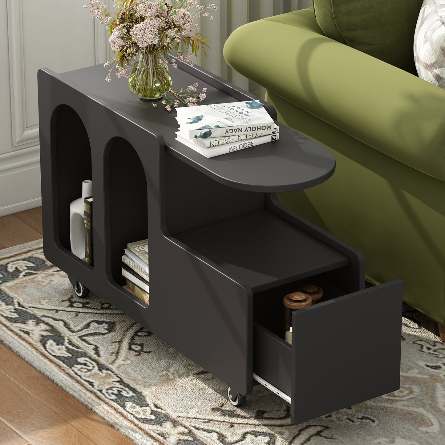 ON-TREND Mobile End Table with lockable wheels, Cream Style Side Table with Storage Drawer, 11.8inch Narrow Nightstand with Multi-layer Storage, Living Room, Black