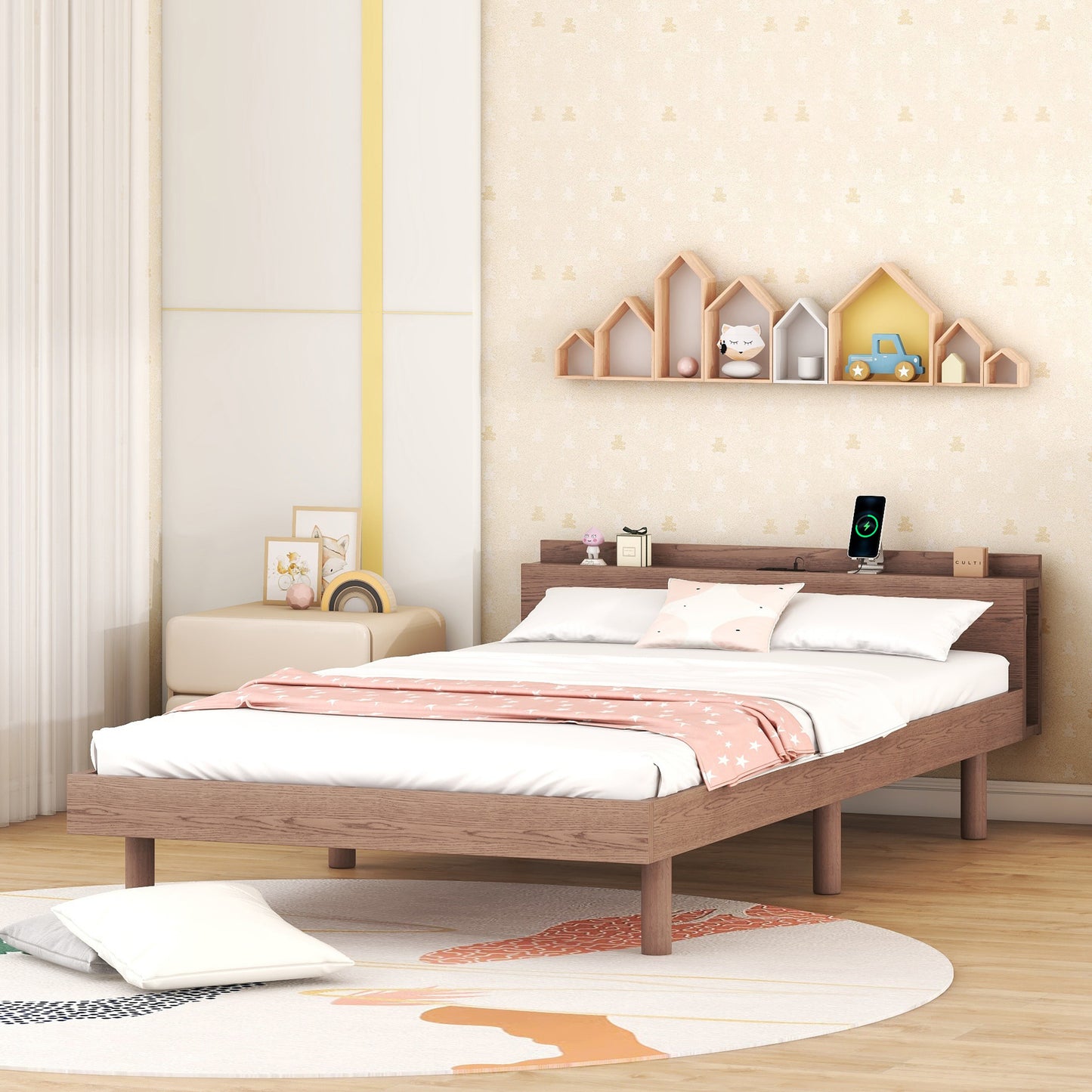 Modern Design Twin Size Platform Bed Frame with Headboard for Walnut Color
