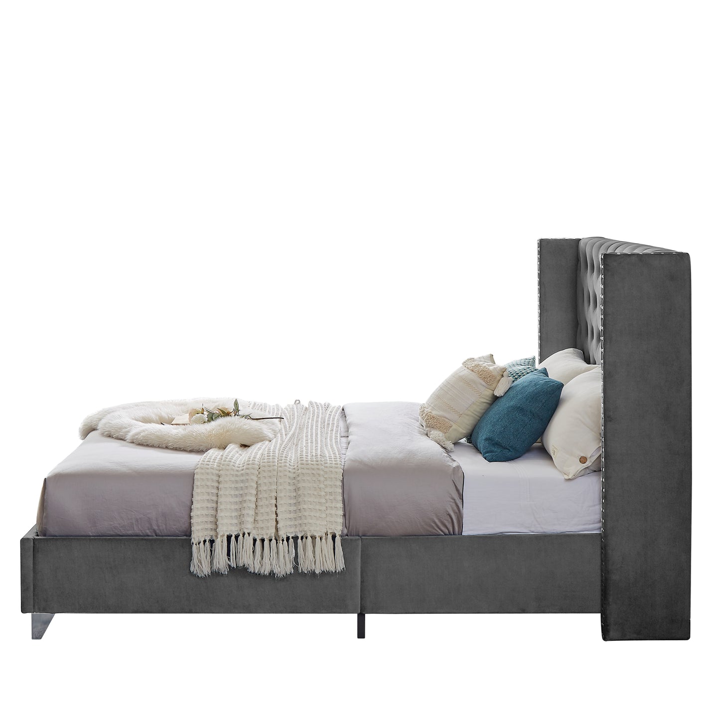 B100S Queen bed, Button designed Headboard, strong wooden slats + metal support feet, Gray Flannelette