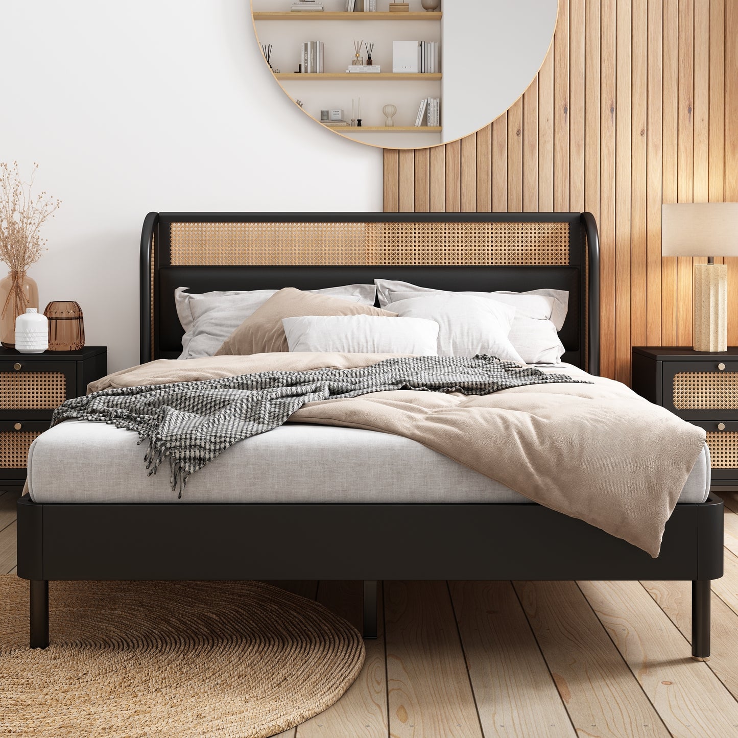 4 Pieces Modern Cannage Rattan Platform Queen Bed + Nightstand*2+ Dresser, Black