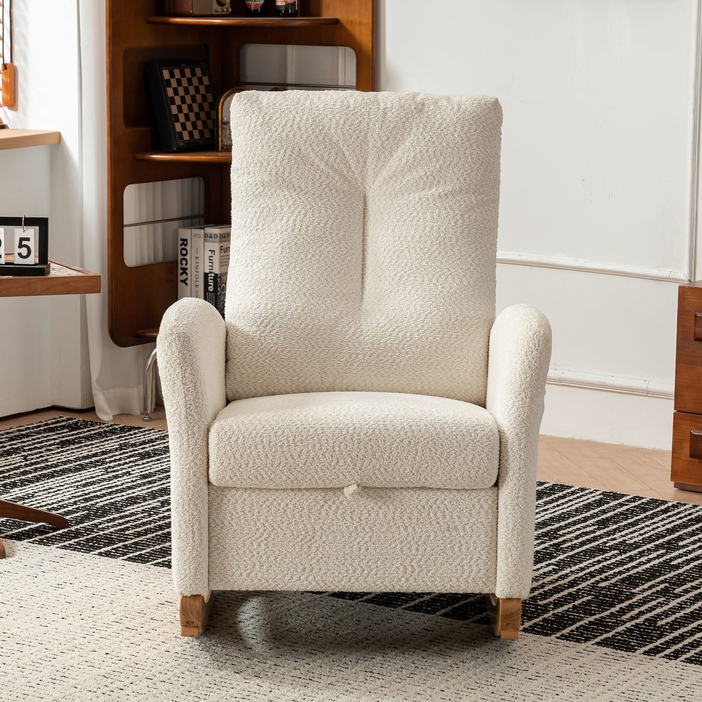 Accent Rocking Chair with Footrest High Back Rubber Wood Rocking Legs Bedroom Living Space