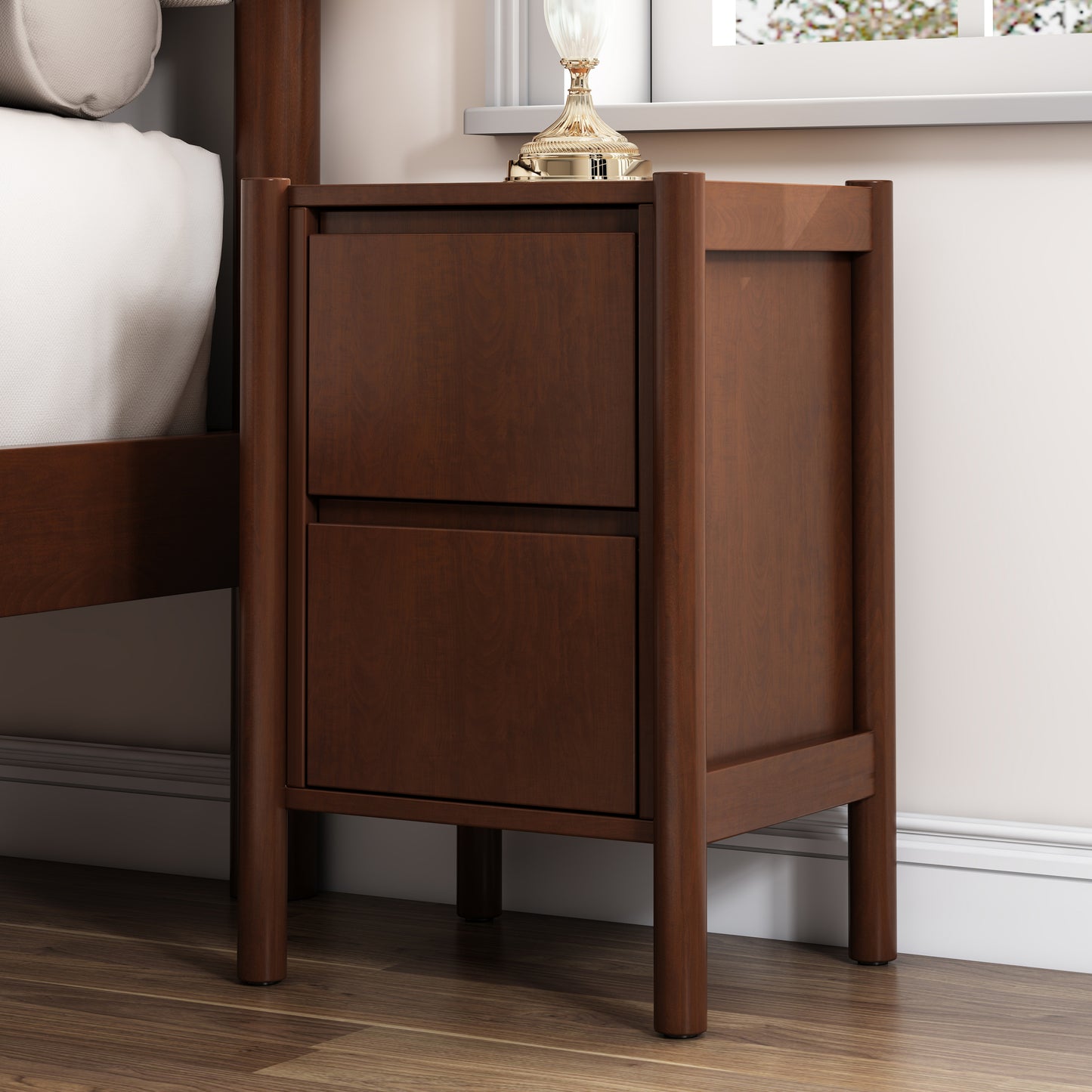 4 Pieces Bedroom Sets Mid Century Modern Upholestery Walnut Wood Frame Queen Platform Bed with Two Nightstands and Dresser