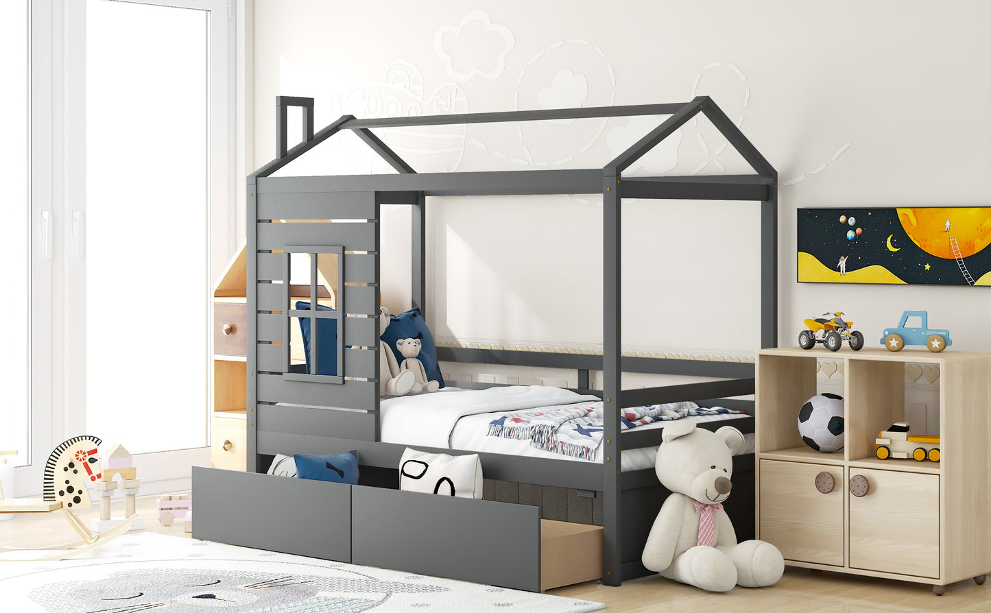 Twin Size House Bed Wood Bed with Two Drawers ( Gray )