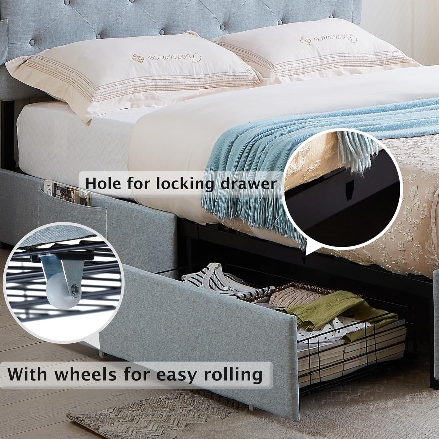 Queen Bed Frame with USB Charging Station & LED Lights, Queen Bed Frame with Headboard & 4 Storage Drawers, D