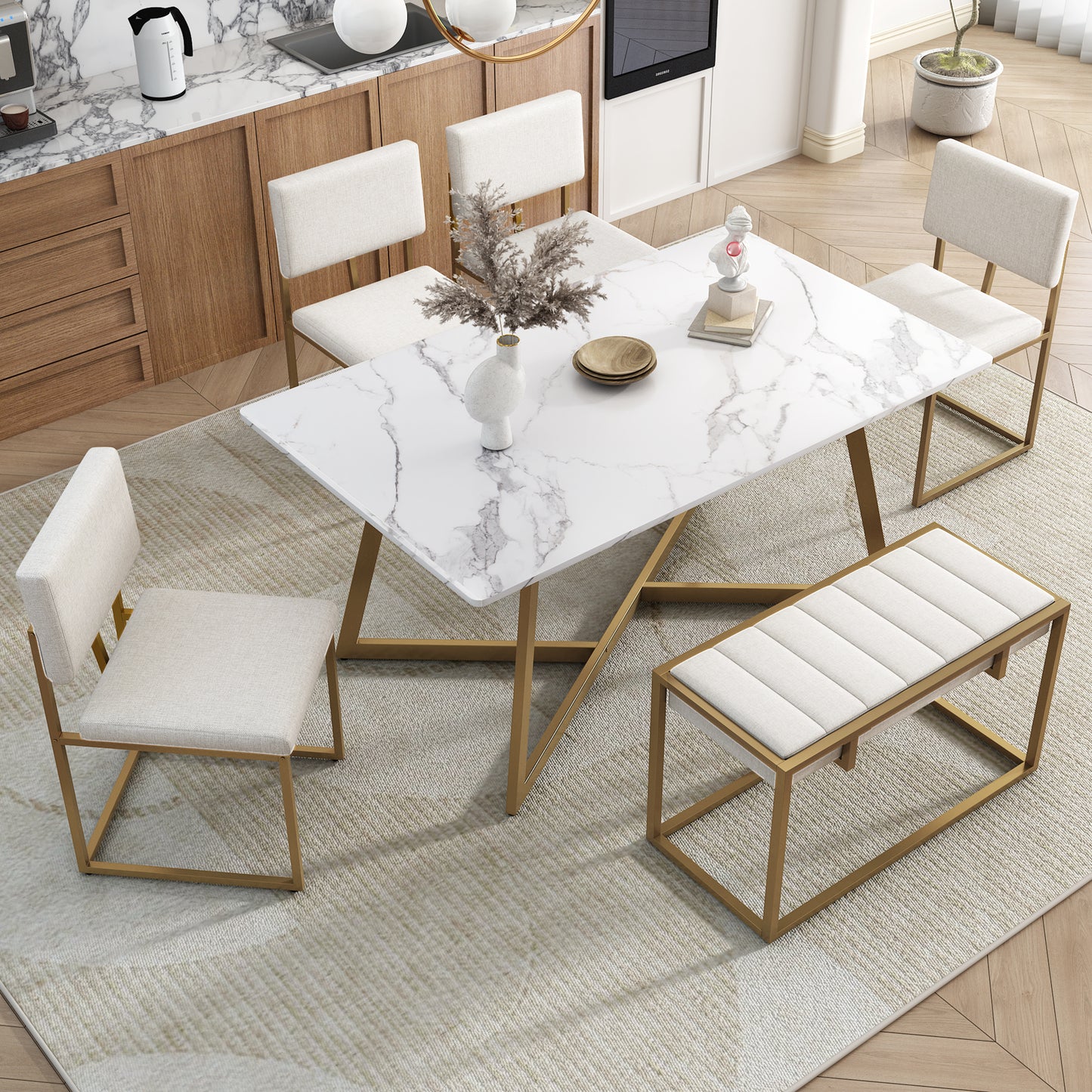 TOPMAX Modern Faux Marble 6-Piece Dining Table Set,60inch Metal Kitchen Table Set with Upholstered Dining Chairs and Bench, Golden