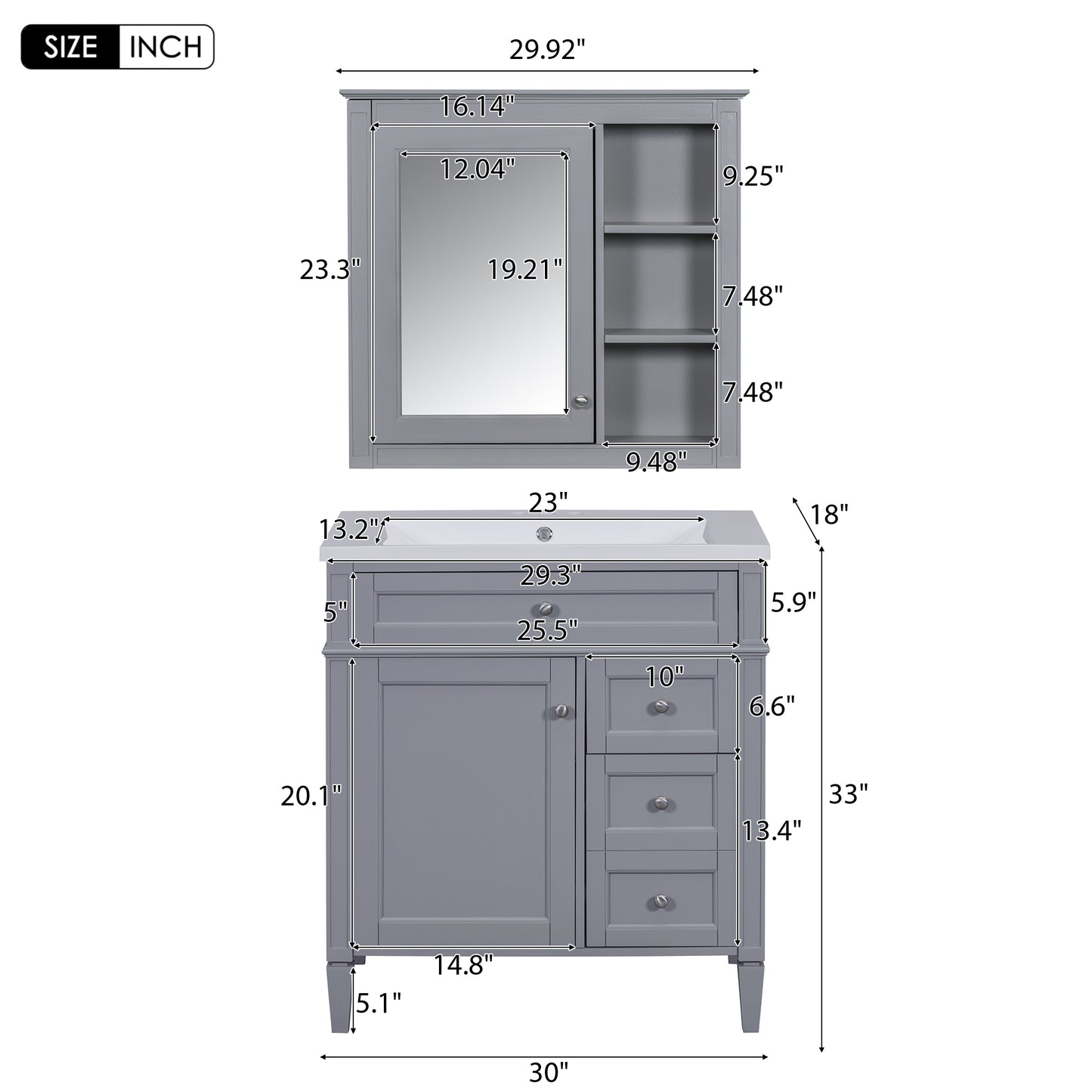 30'' Bathroom Vanity with Top Sink, Modern Bathroom Storage Cabinet with 2 Drawers and a Tip-out Drawer, Freestanding Vanity Set with Mirror Cabinet, Single Sink Bathroom Vanity