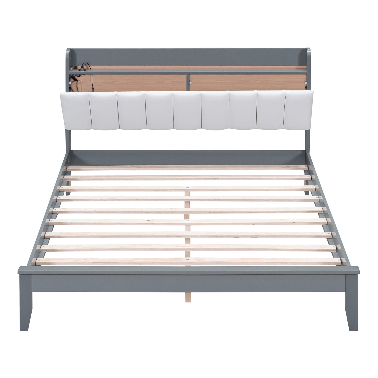 3-Pieces Bedroom Sets,Queen Size Wood Platform Bed and Two Nightstands,Storage Platform bed with USB and LED Lights-Gray+White