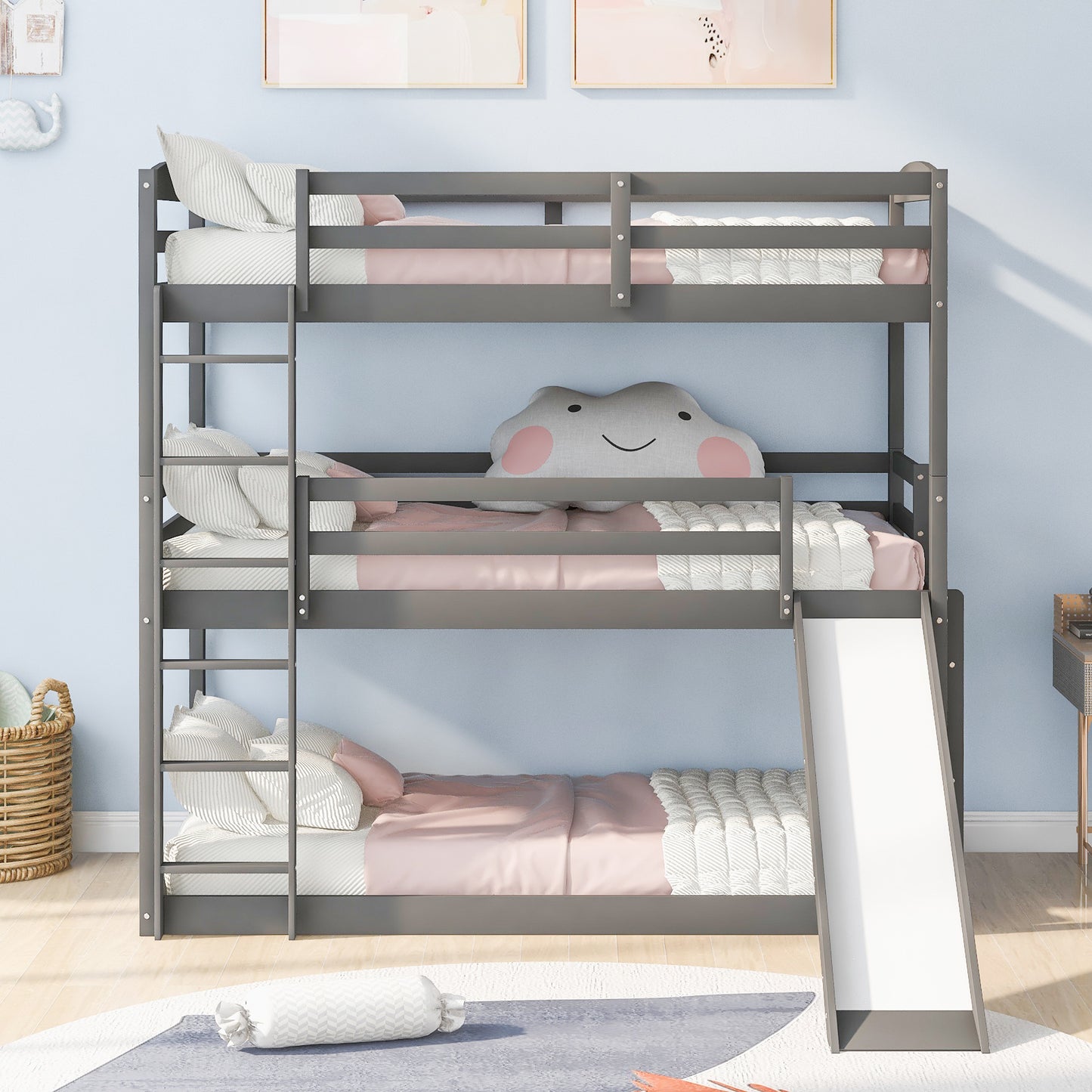Twin over Twin over Twin Adjustable Triple Bunk Bed with Ladder and Slide,Gray(OLD SKU:SM000508AAE)
