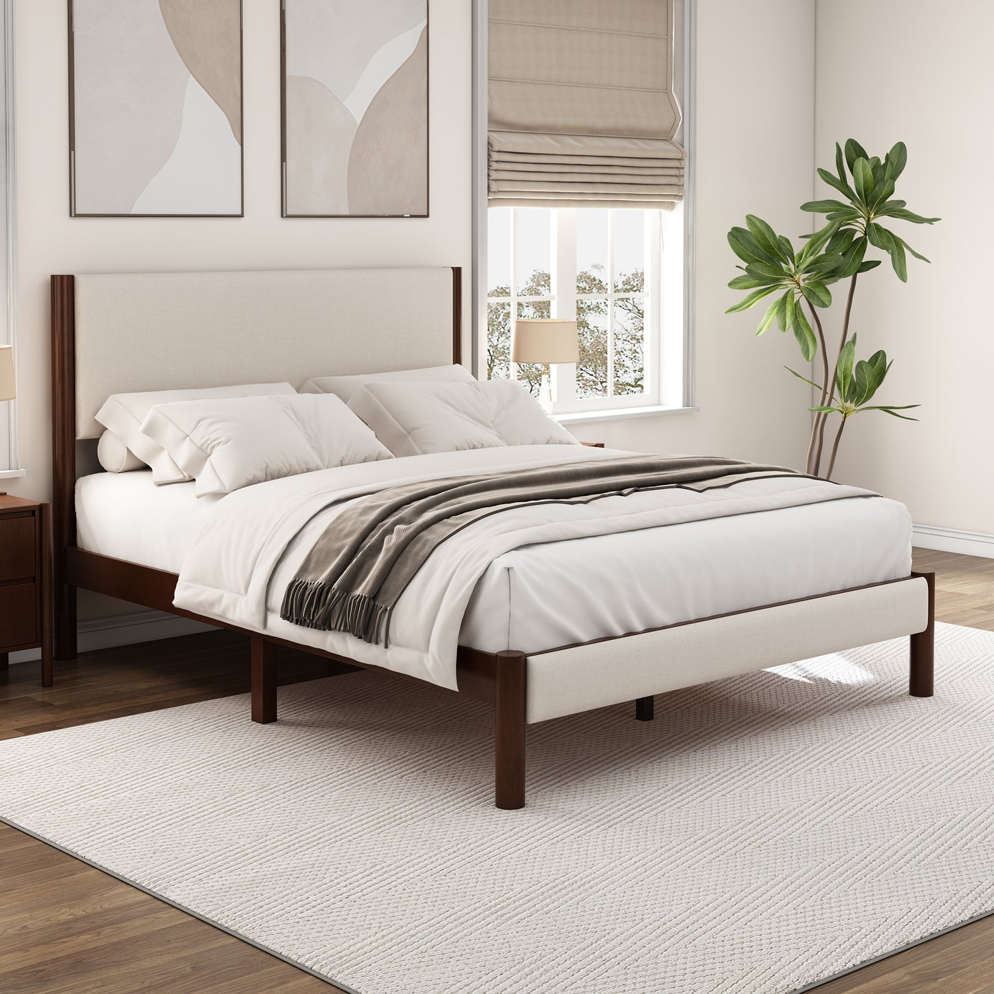 3 Pieces Bedroom Sets Mid Century Modern Upholestery Walnut Wood Frame Queen Platform Bed with Nightstand and Chest