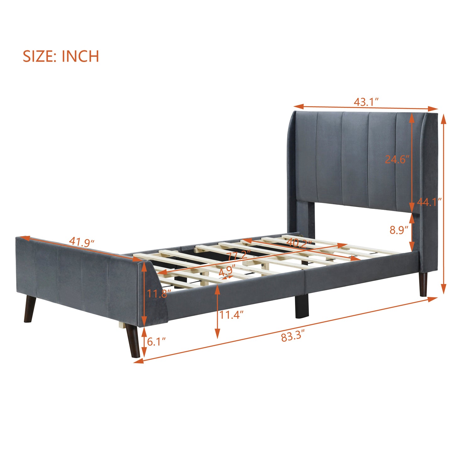 Twin Size Upholstered Platform Bed, Velvet, Gray