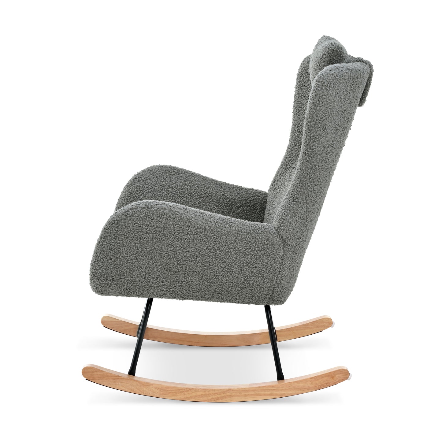 Rocking Chair Nursery, Teddy Upholstered Rocker Glider Chair with High Backrest, Adjustable Headrest & Pocket, Comfy Glider Chair for Nursery, Bedroom, Living Room, Offices, Rubber wood, gray