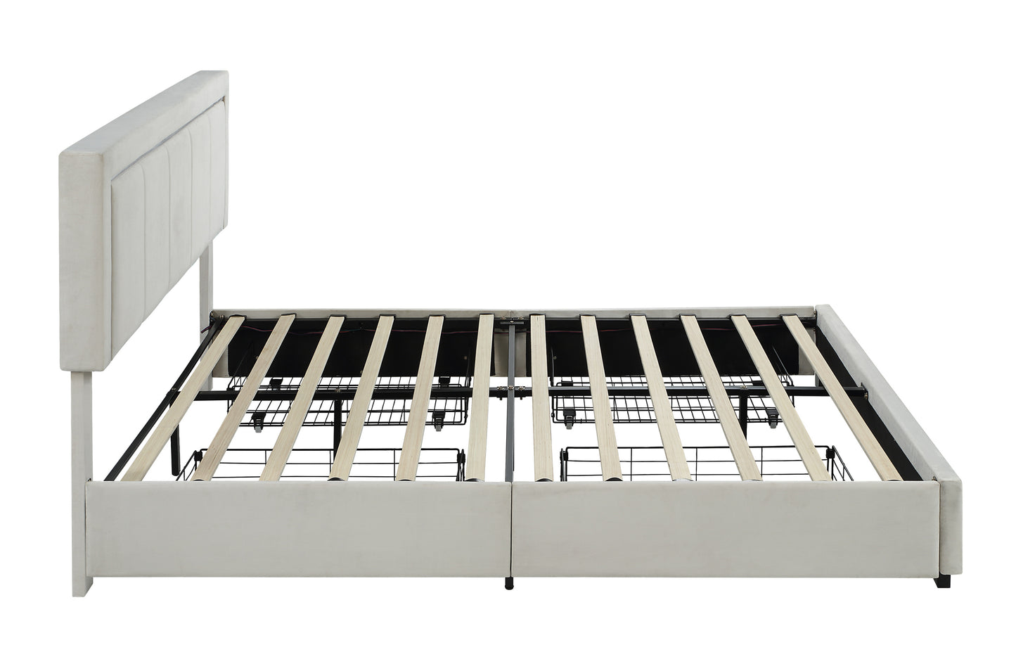 Upholstered Queen Size Platform Bed with LED Lights, Storage Bed with 4 Drawers, Beige color fabric